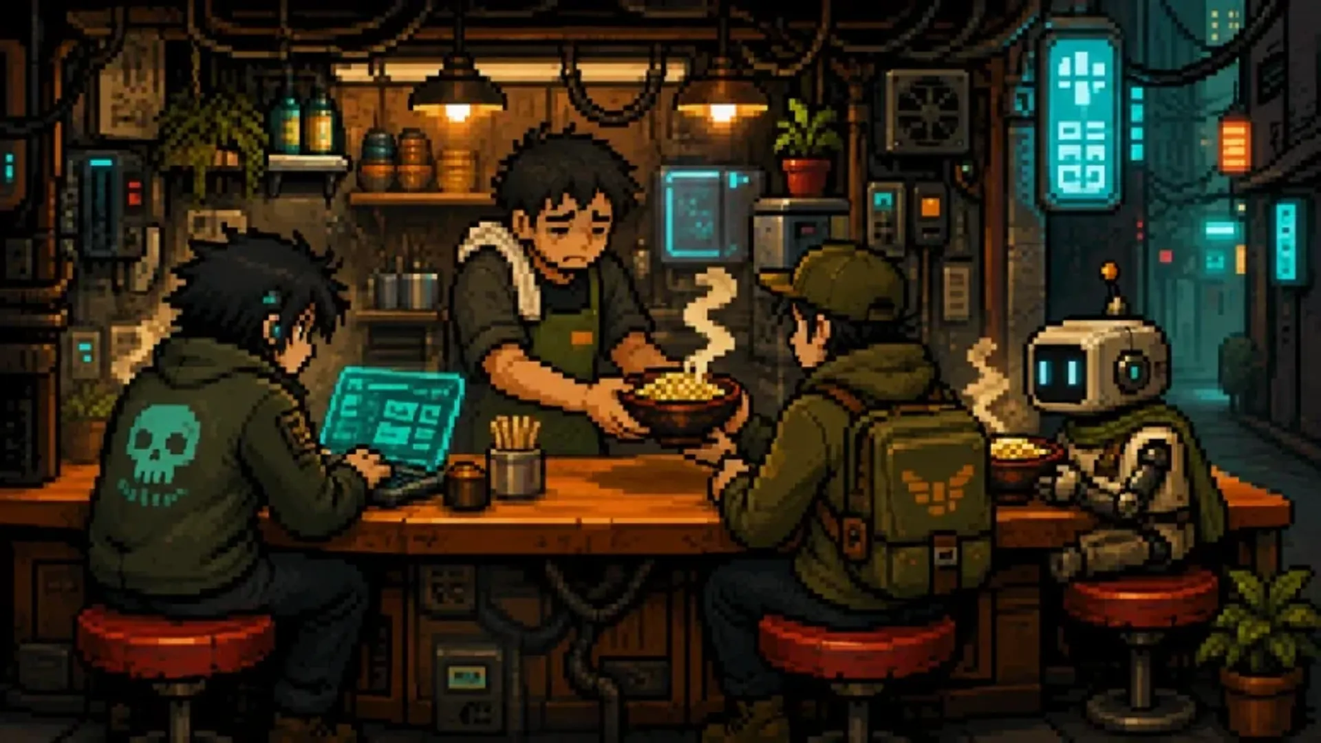 A cyberpunk cafe AI serving hackers beneath flickering neon signs.