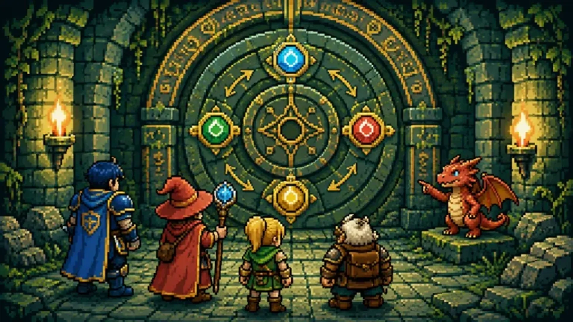A fantasy party studying a glowing mechanism inside an ancient dungeon.