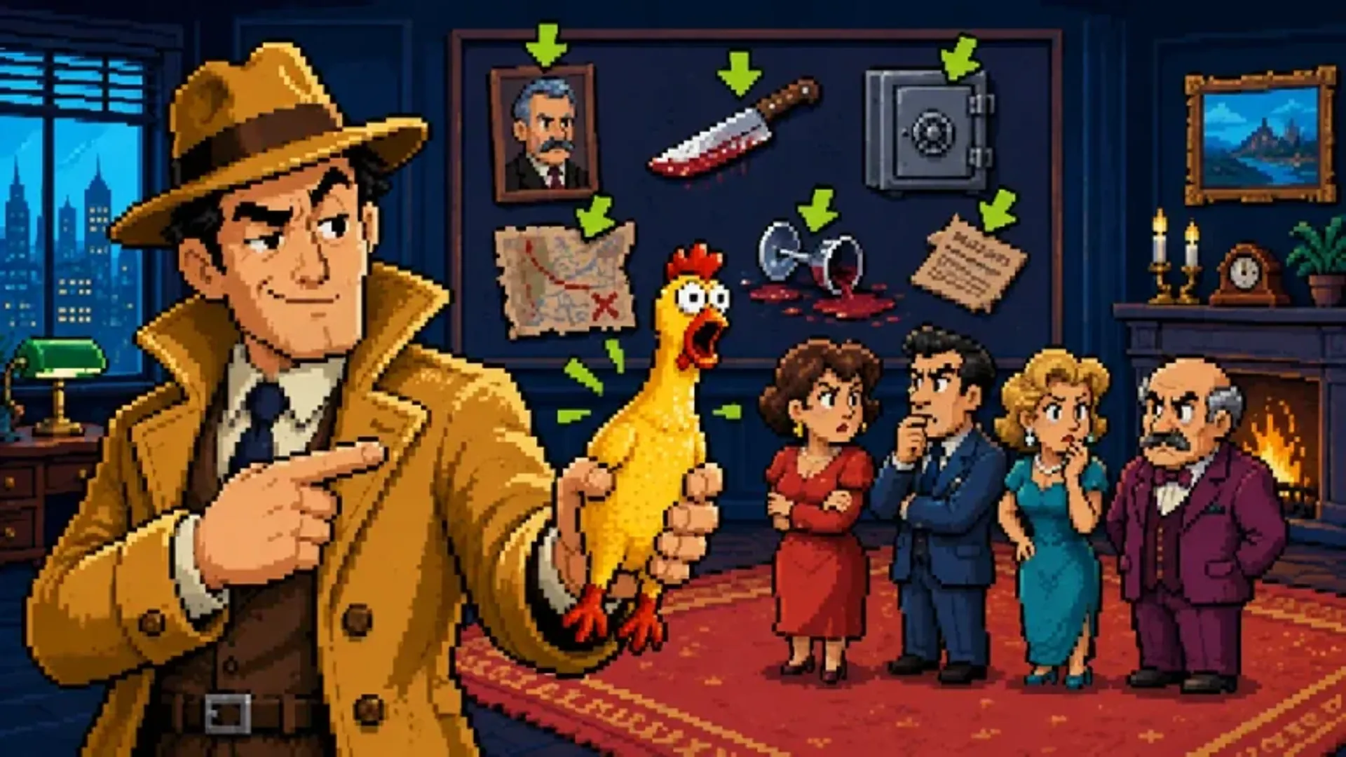 A confident detective examining a rubber chicken beside an obvious footprint.