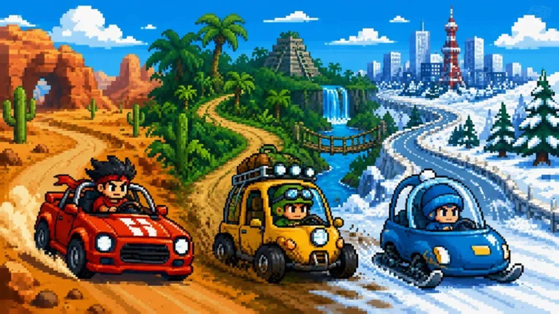 Colorful original race vehicles choosing between jungle and ice tracks.