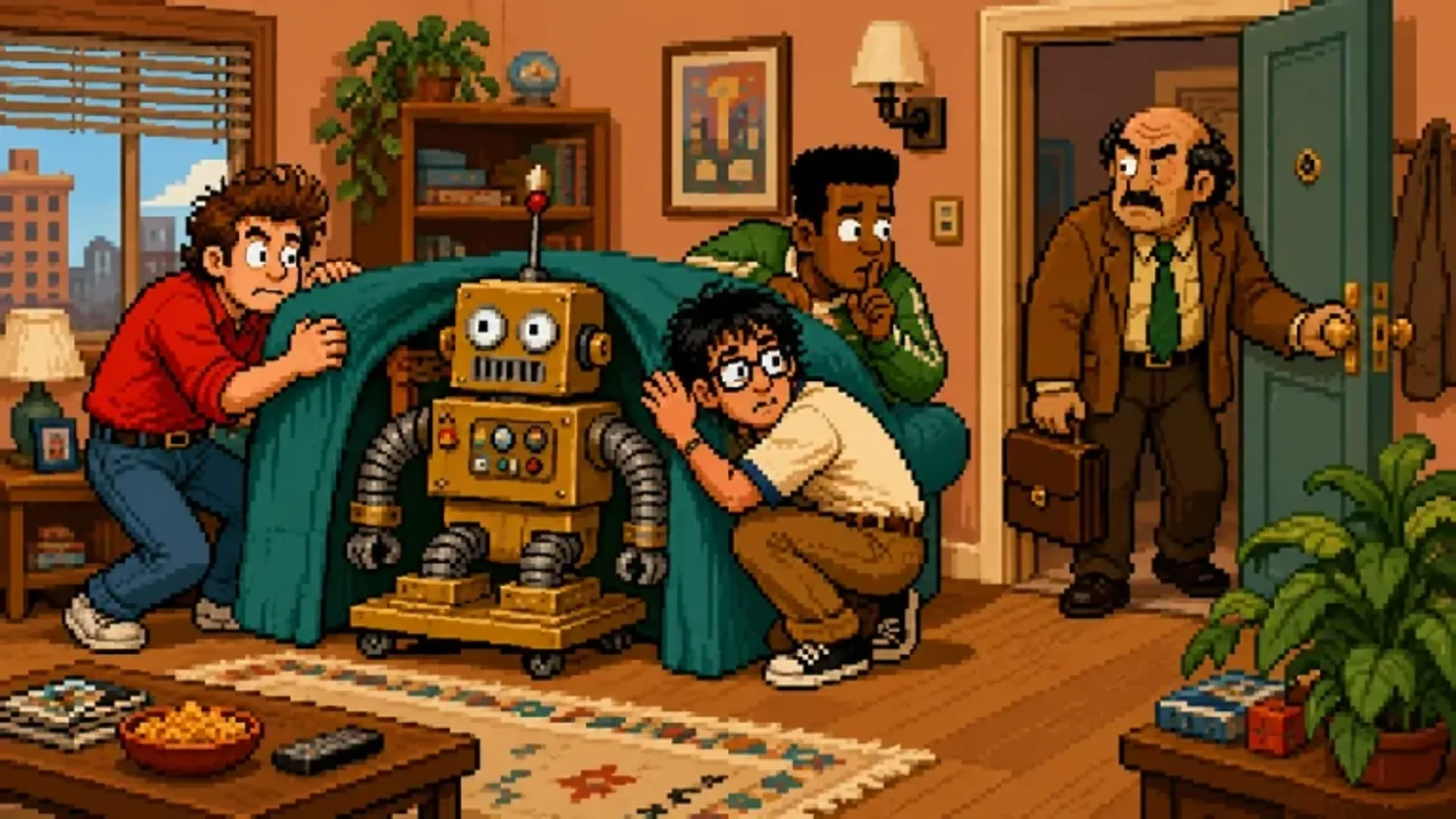 Three roommates hiding an absurd invention as their landlord enters.