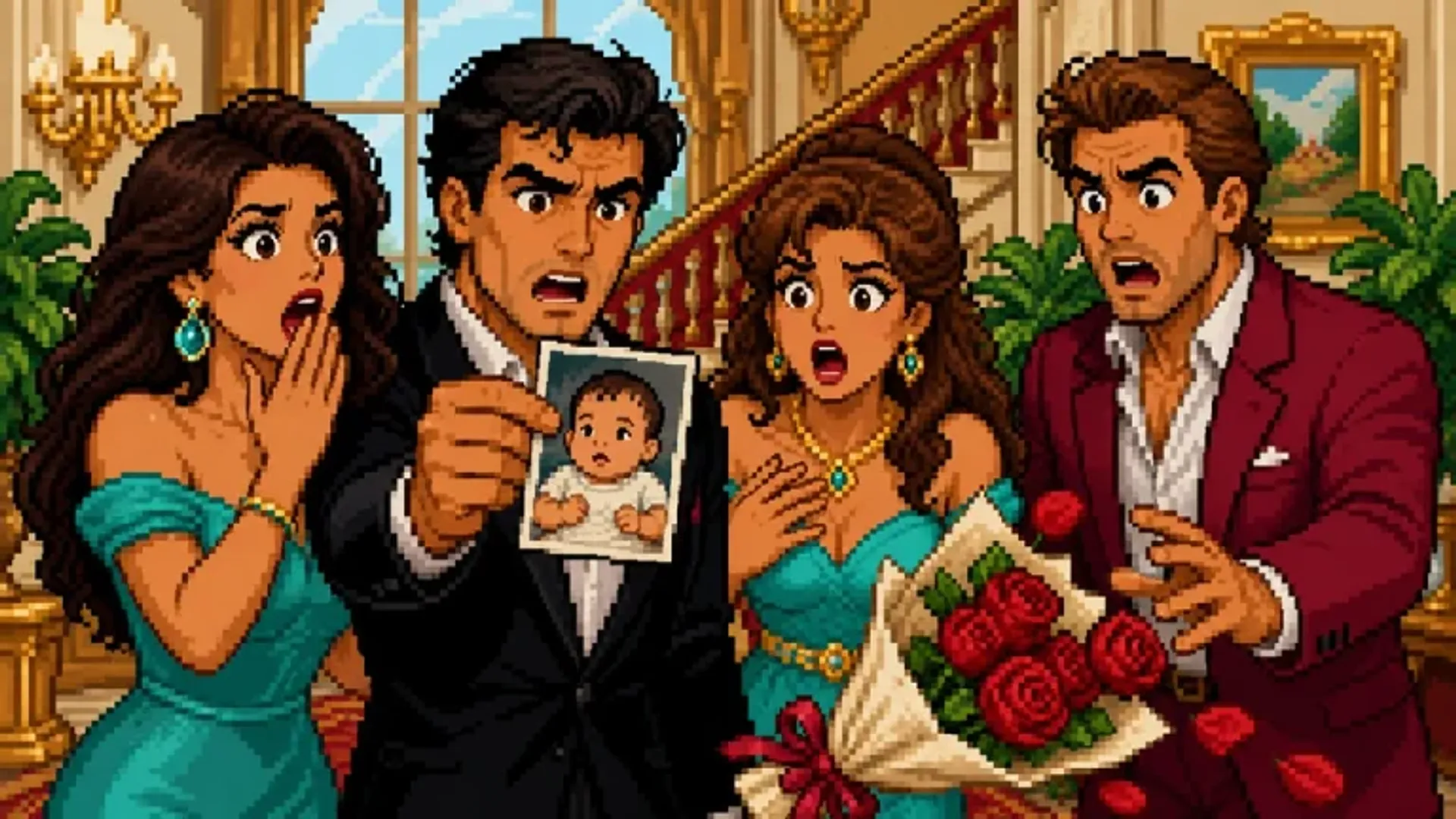 A glamorous family reacting to an unexpected twin at a mansion doorway.