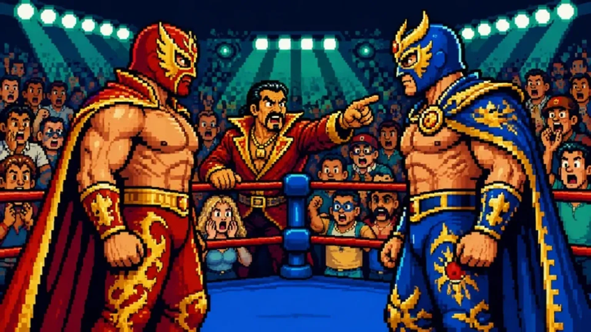 Two fictional wrestlers facing off as masked rivals storm the arena.