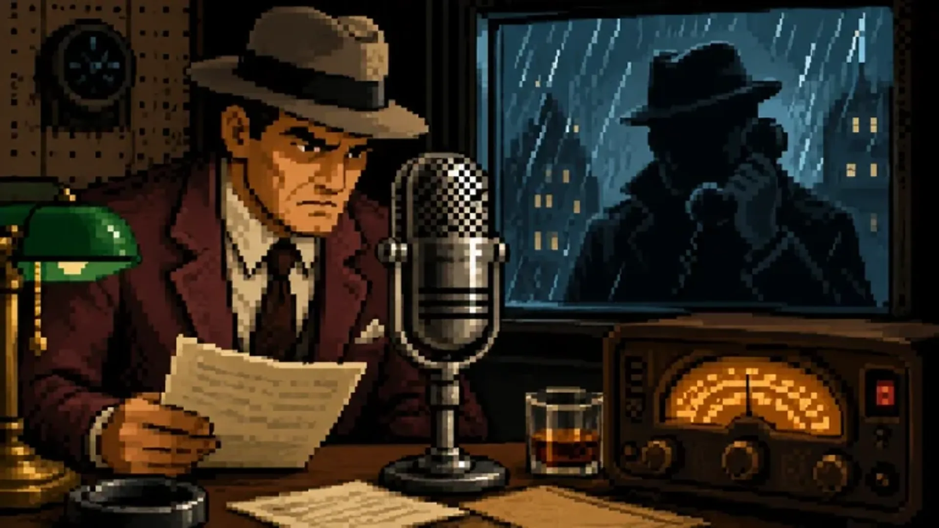 A 1940s radio announcer at a microphone while a noir mystery unfolds behind glass.