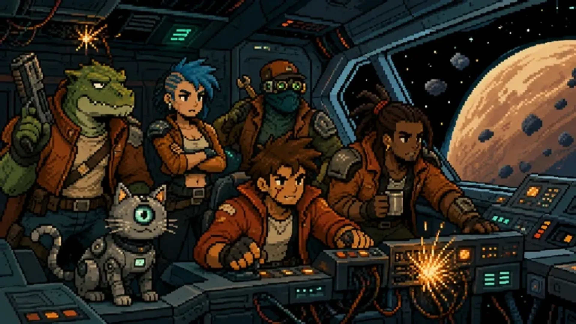 Five space bounty hunters and a robot cat on a battered spaceship bridge.