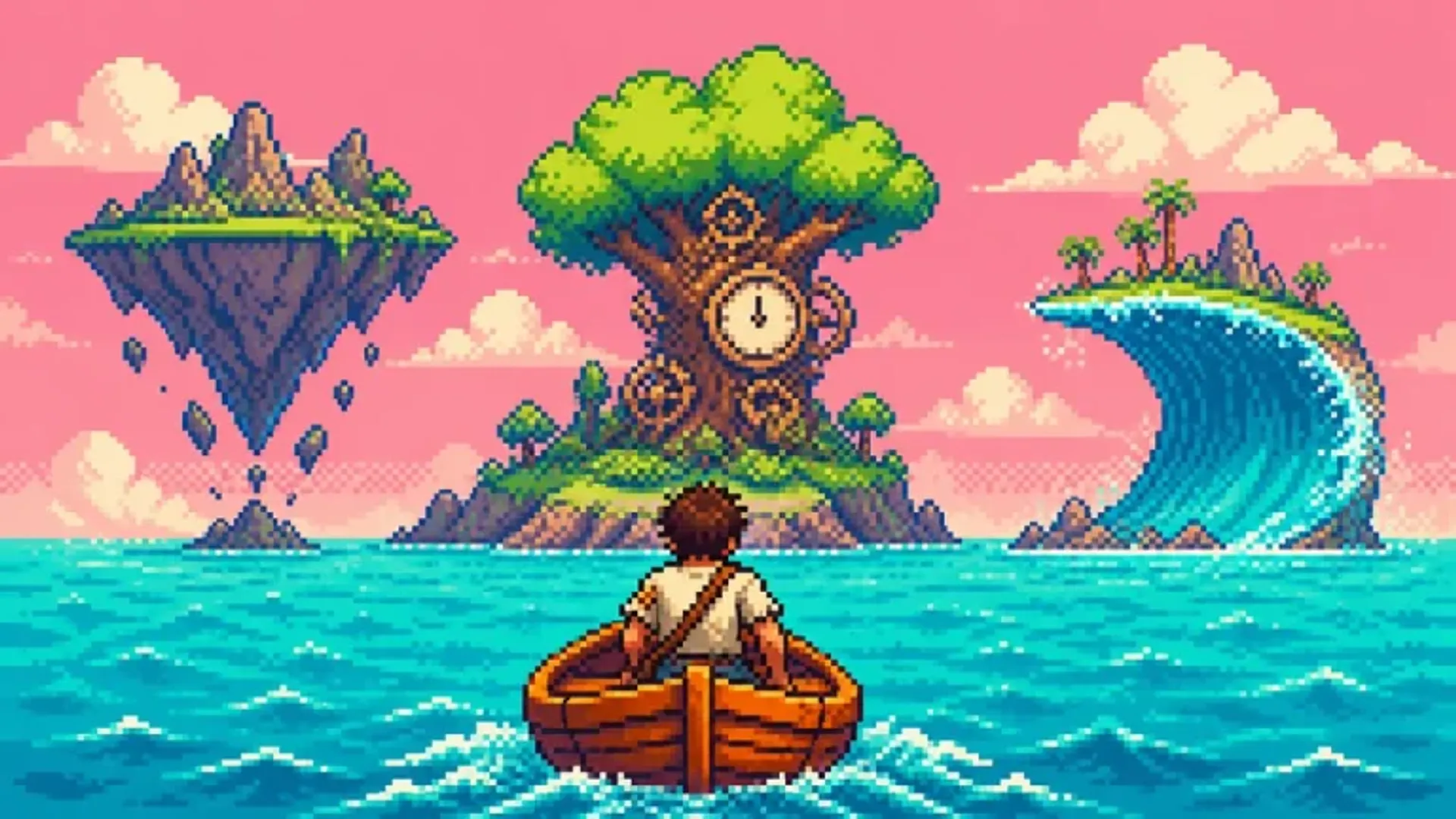 A shipwreck survivor approaching an island where gravity bends upward.