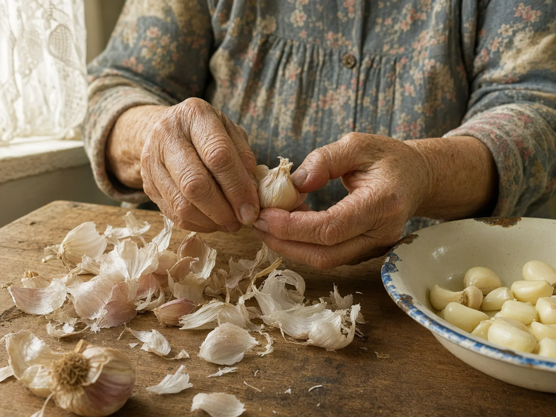 AI-generated photorealistic close-up of elderly hands peeling garlic at a kitchen table