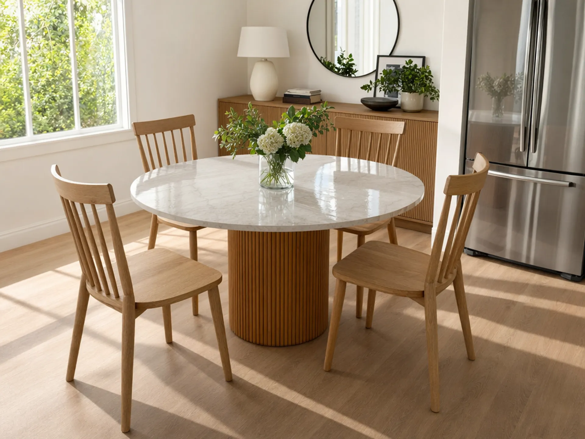 AI-generated interior scene with swapped dining chairs preserving original lighting and shadows