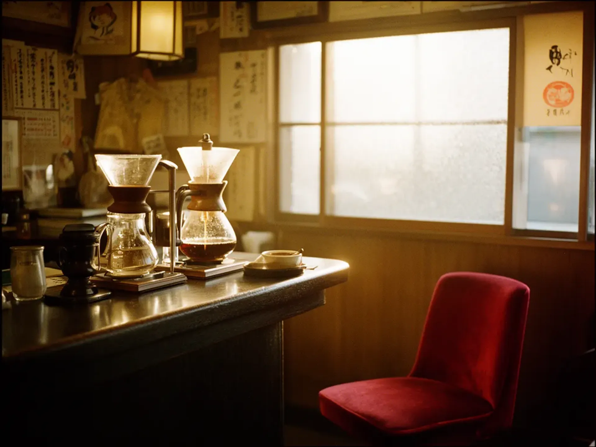 A cozy Japanese kissaten coffee shop interior, afternoon light streaming through frosted glass, a hand-drip coffee setup on a dark wooden counter, vintage Showa-era decor, warm amber tones, a single red velvet chair in the corner, film grain texture, shot on Kodak Portra 400, quiet contemplative mood