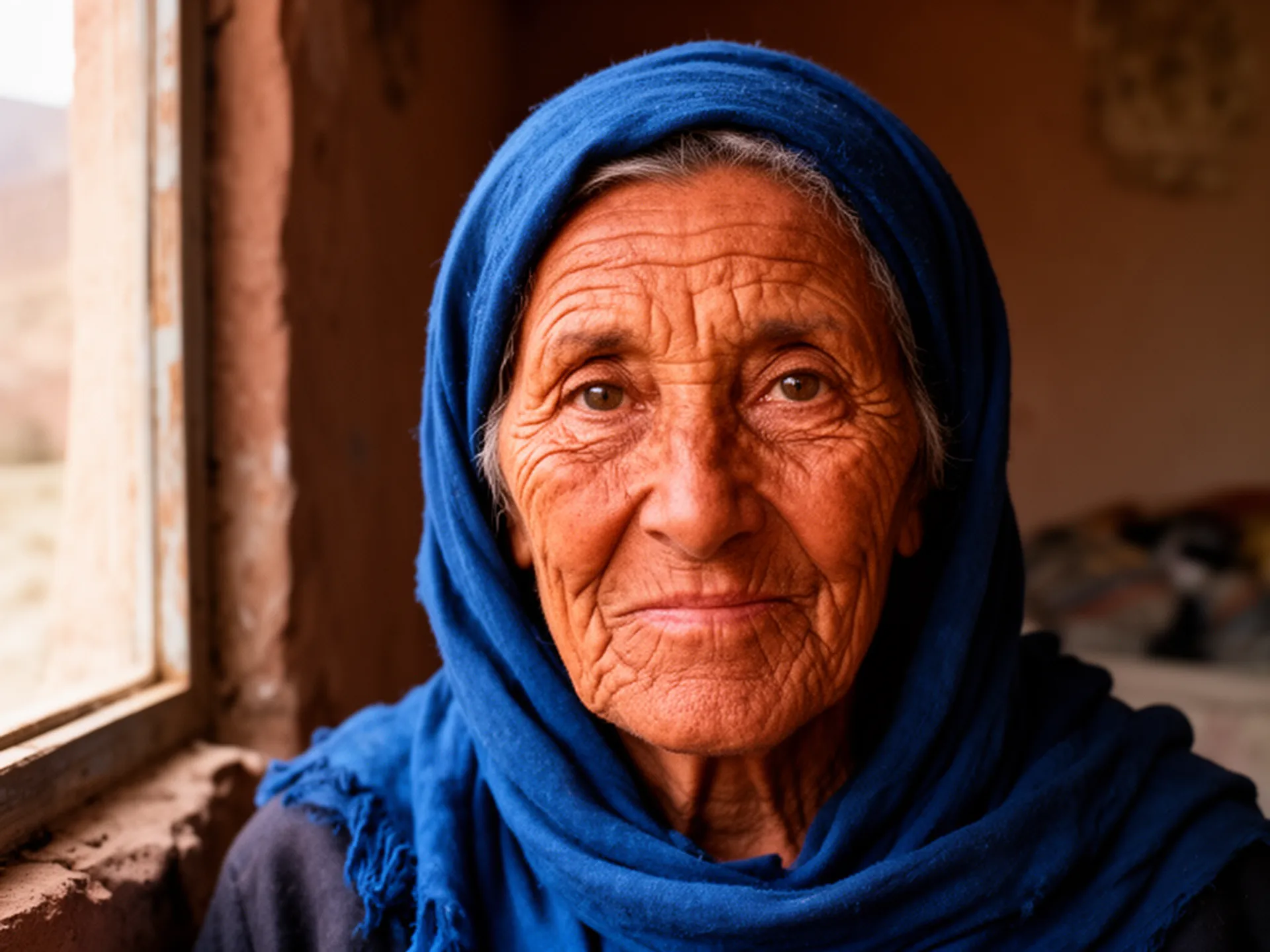 Portrait of an elderly Berber woman in the Atlas Mountains, deep character lines mapping decades of sun and wind, indigo blue headscarf contrasting with weathered terracotta skin, eyes sharp and knowing, natural window light from the left, medium format film quality, Platon-inspired intimate framing