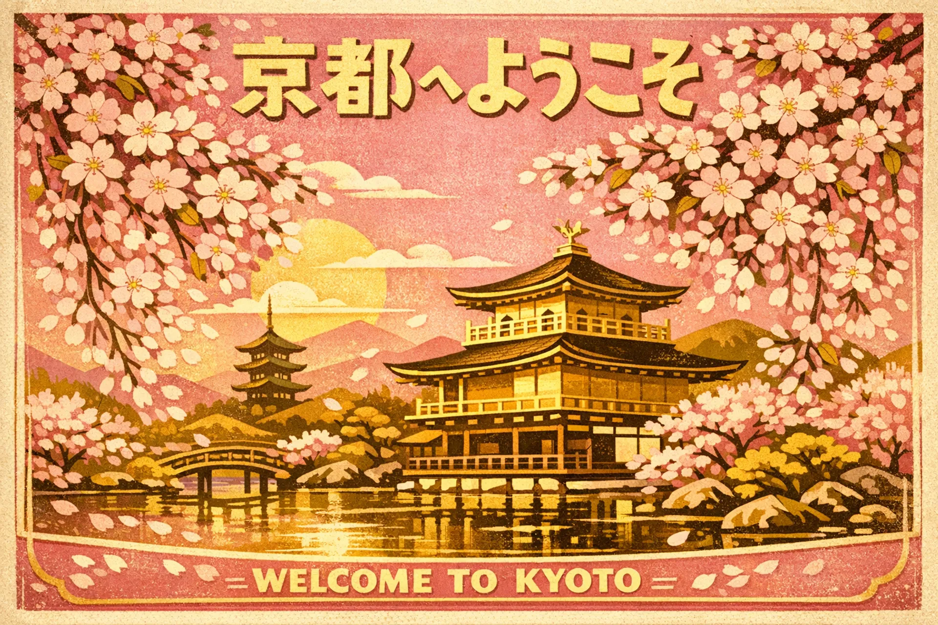 A vintage travel poster for Kyoto featuring cherry blossoms over a temple, Japanese text reading '京都へようこそ', retro mid-century illustration style, gold and pink palette