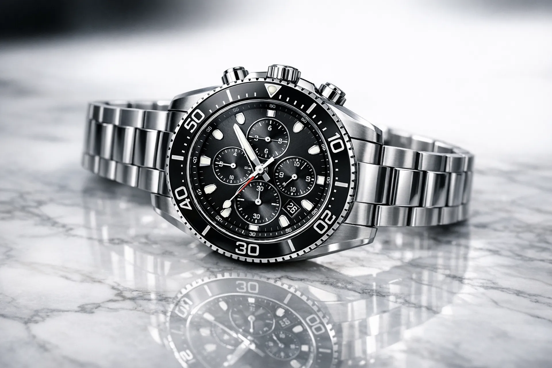 A photorealistic product shot of a luxury watch on a marble surface, studio lighting with soft reflections, shallow depth of field, magazine advertisement quality
