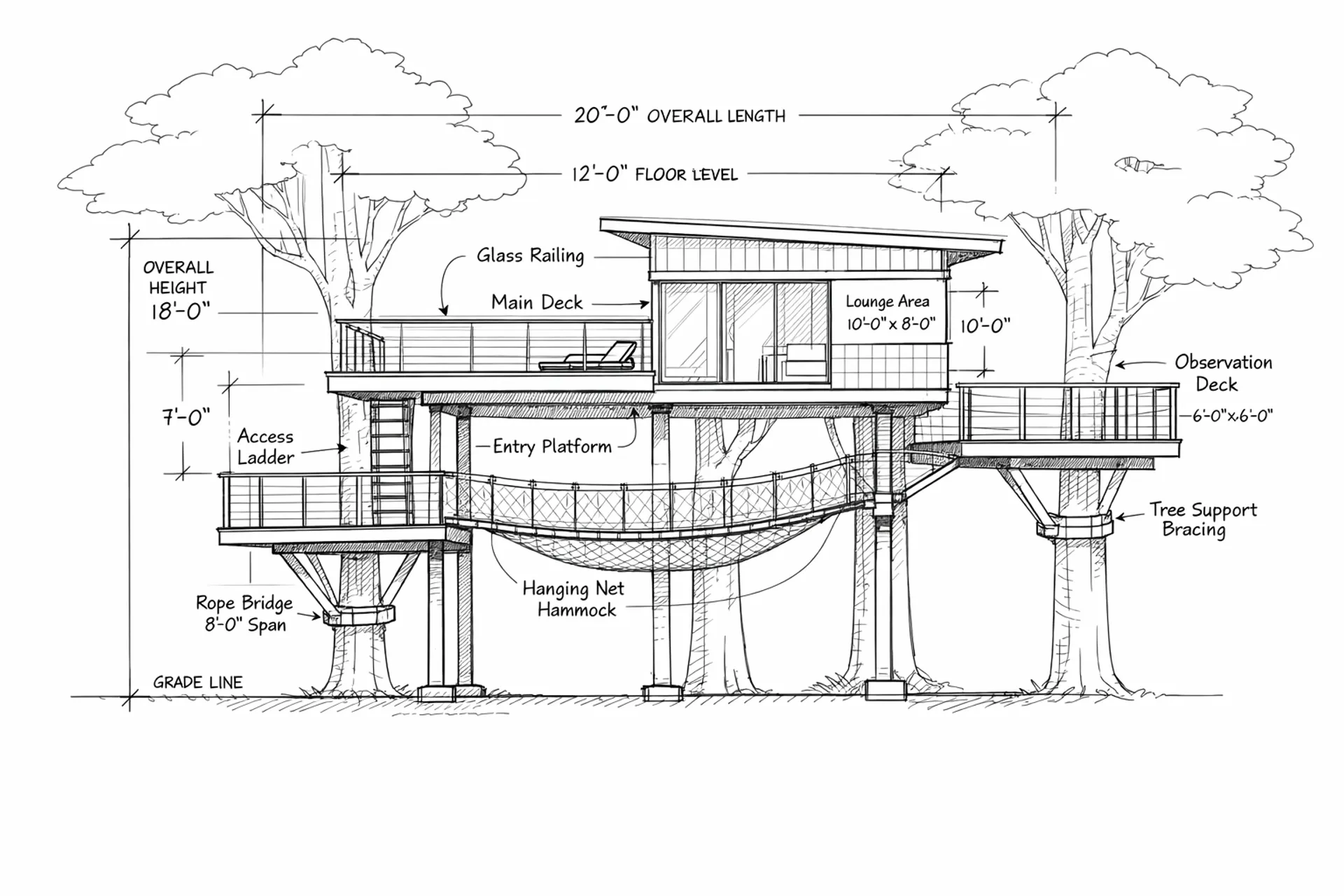 An architectural blueprint of a modern treehouse, technical drawing style with measurements and annotations, clean white background, engineering precision