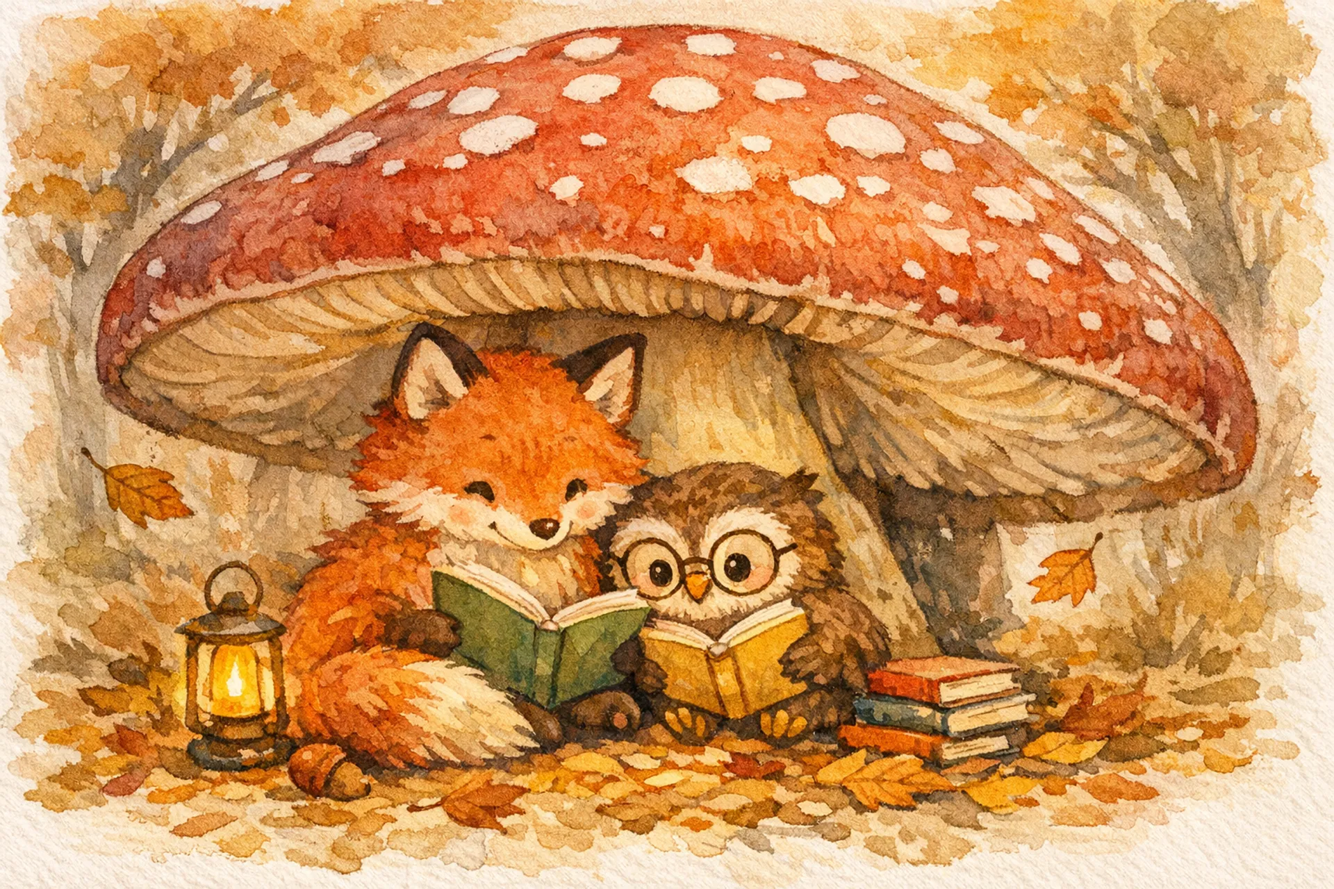 A children's book illustration of a fox and owl reading together under a giant mushroom, watercolor style, warm autumn colors, whimsical and cozy atmosphere