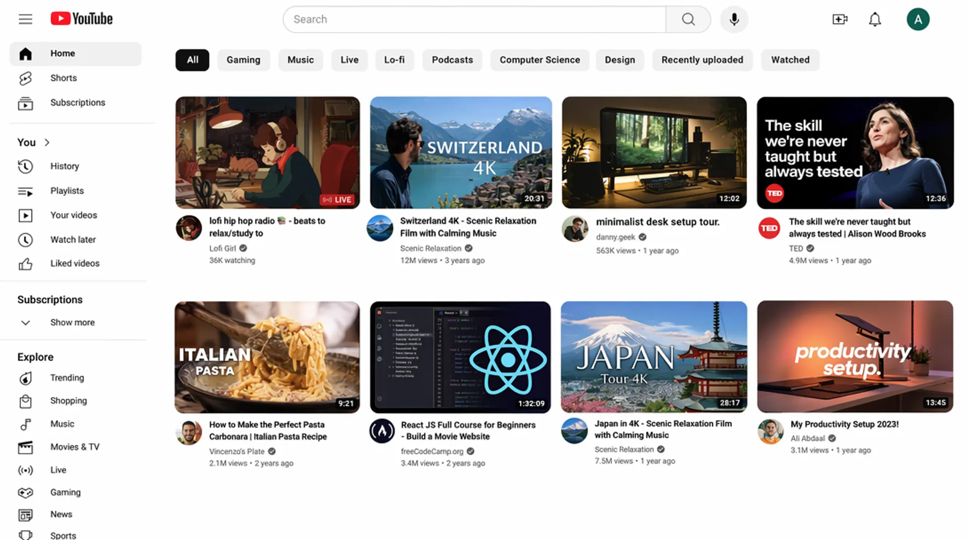AI-generated pixel-perfect recreation of a video platform homepage UI with sidebar and thumbnails