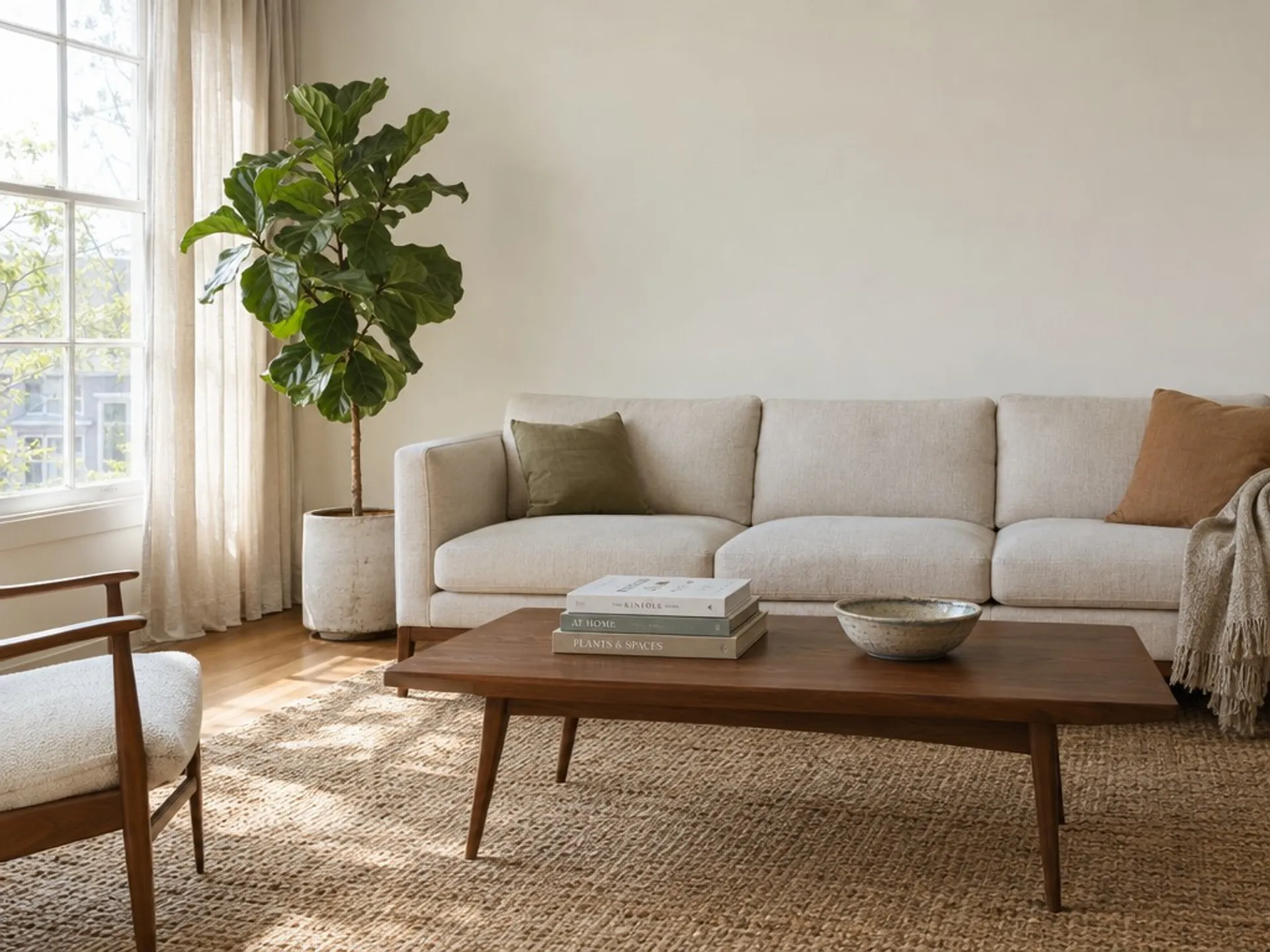 AI-generated interior photograph of a mid-century living room with a pale oatmeal sofa and a bare wall above it
