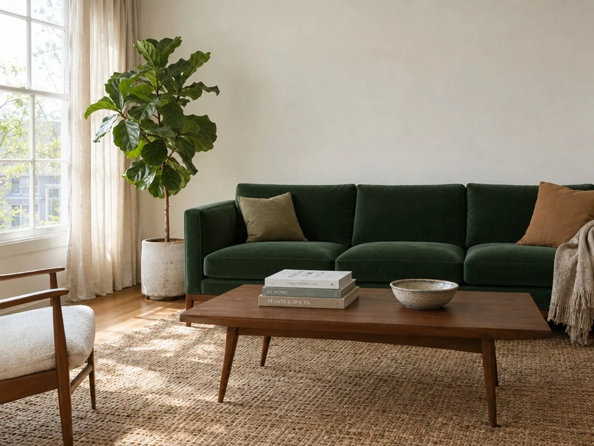 The same room with the sofa reupholstered in deep green velvet and everything else unchanged