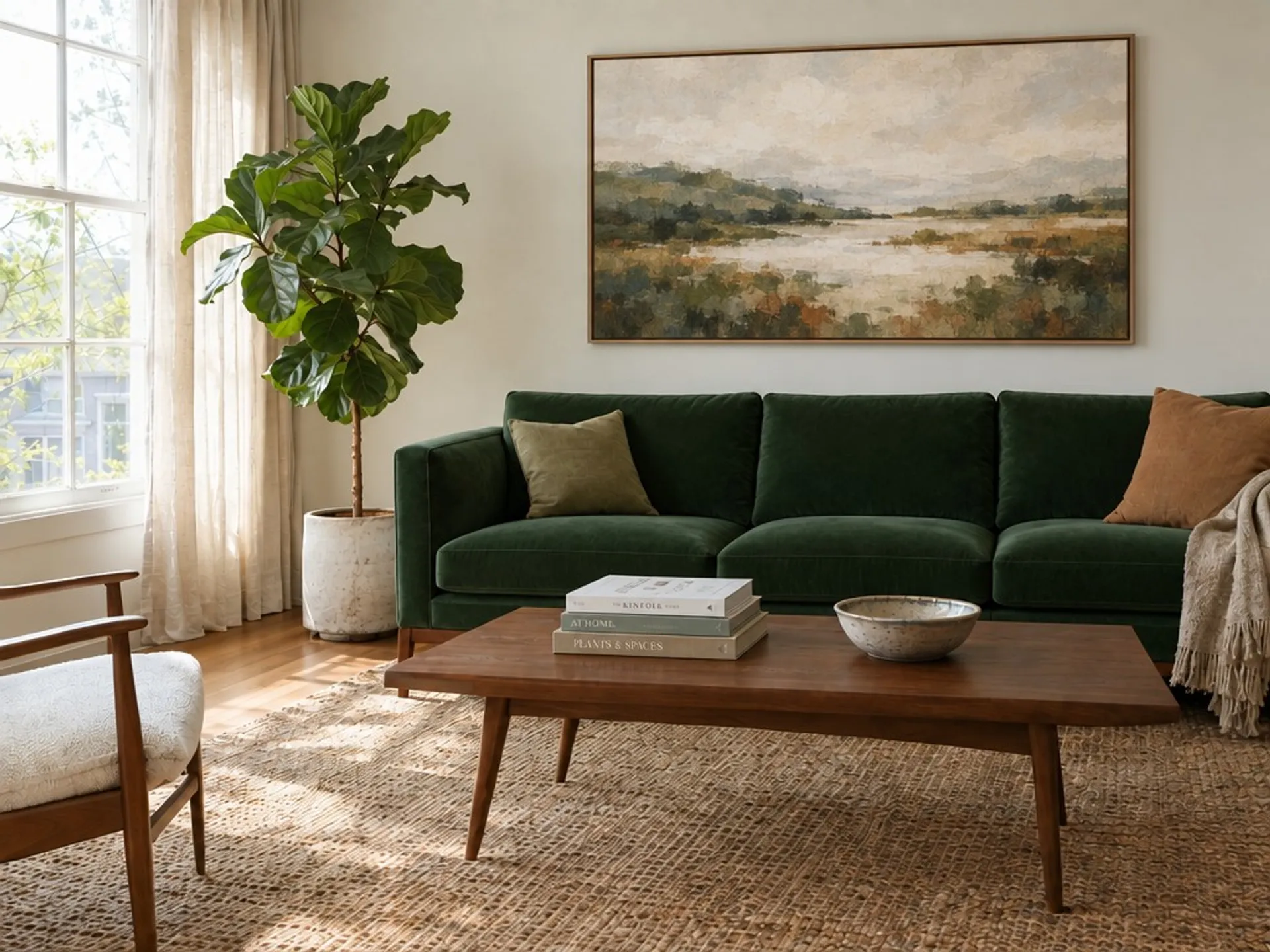 The same room with a large framed landscape print added above the sofa