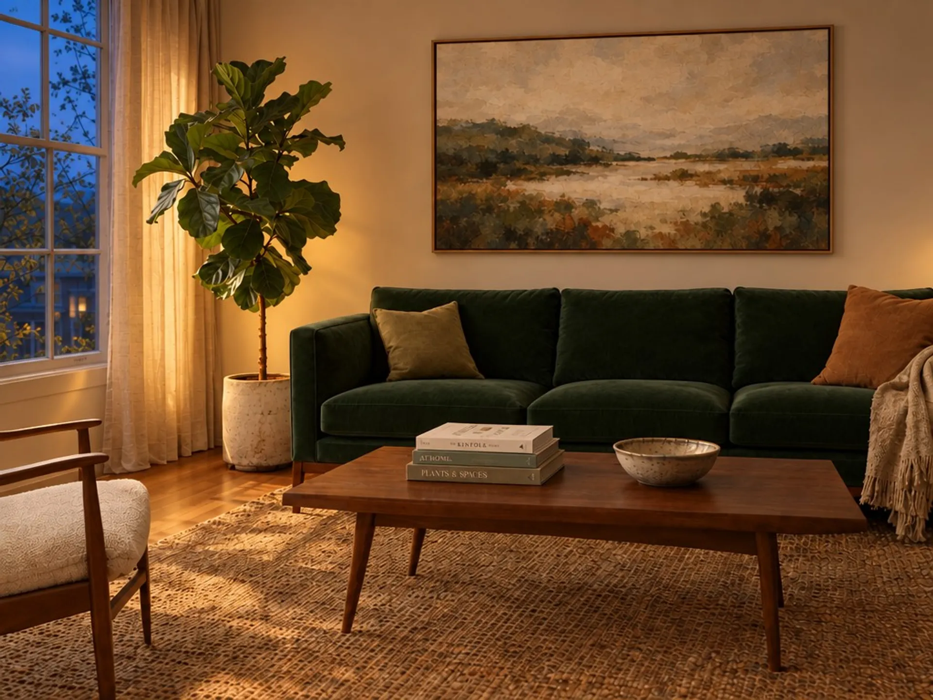 AI-edited interior photograph after three successive edits, with the furniture and layout unchanged
