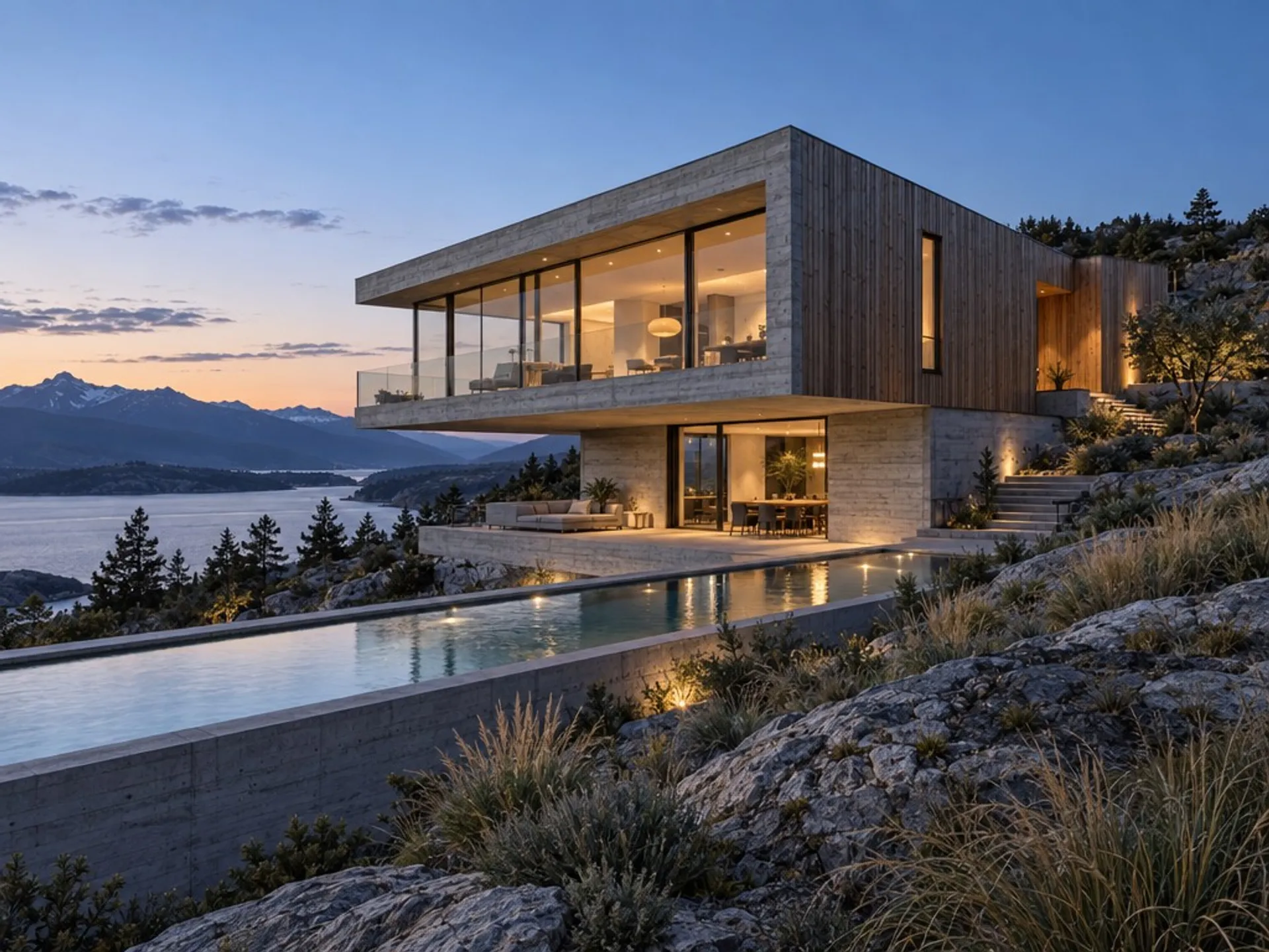AI-generated architectural visualisation of a cantilevered concrete and timber house at dusk