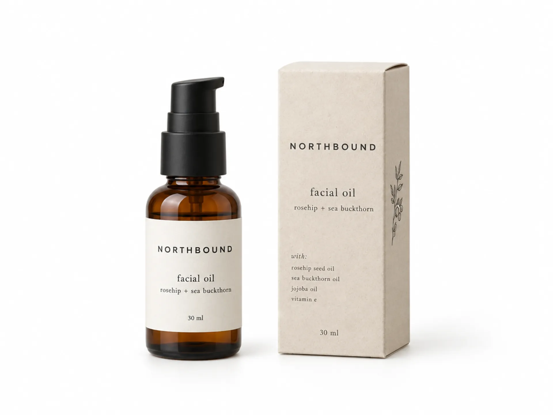 AI-generated e-commerce product photograph of an amber glass bottle and its carton with legible label text