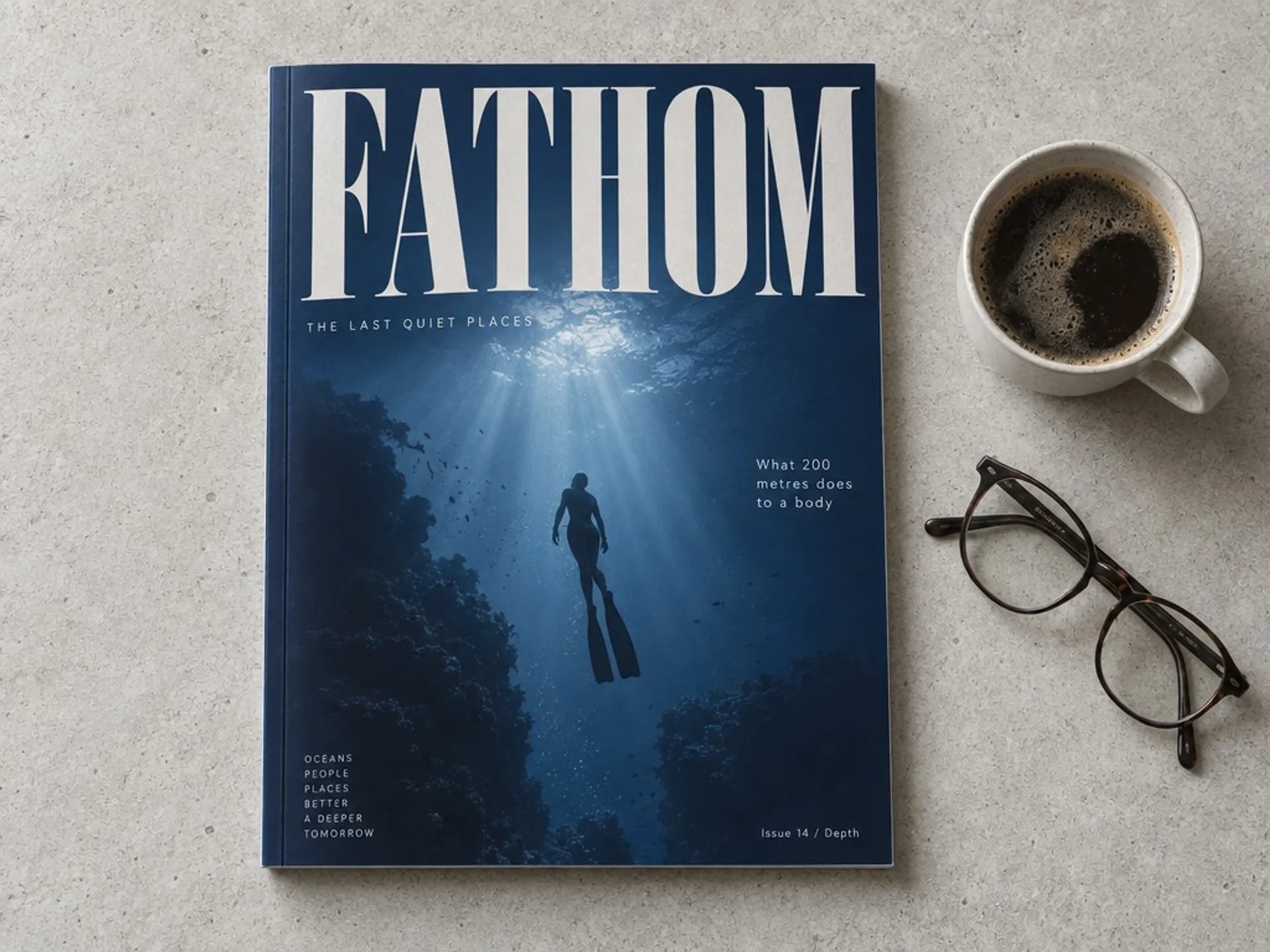 AI-generated overhead shot of an independent magazine with an oversized masthead, underwater cover photograph and legible cover lines