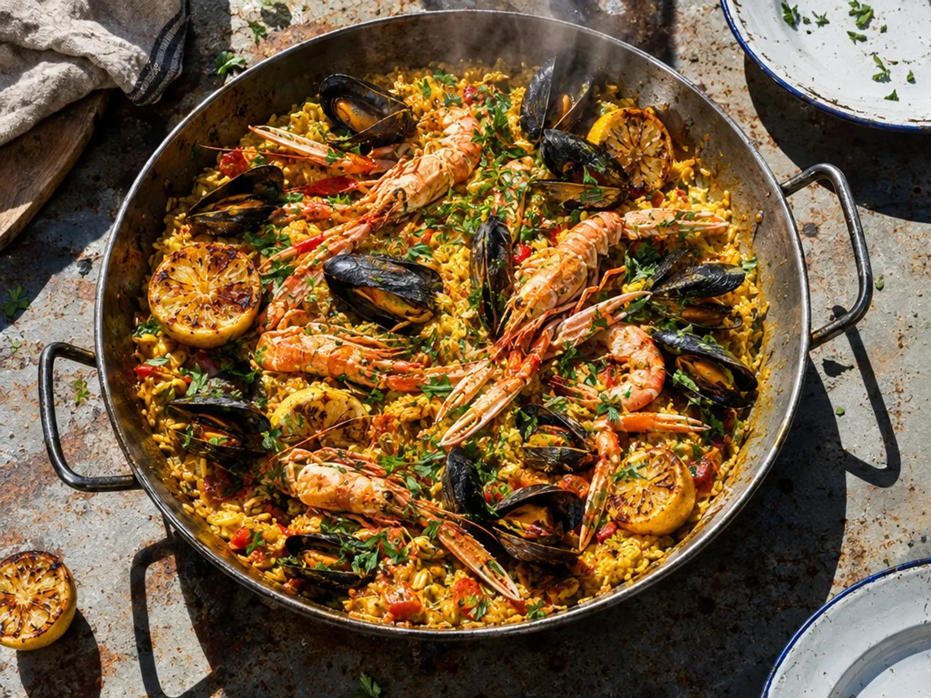 AI-generated overhead photograph of a saffron seafood rice in a steel pan in hard sunlight