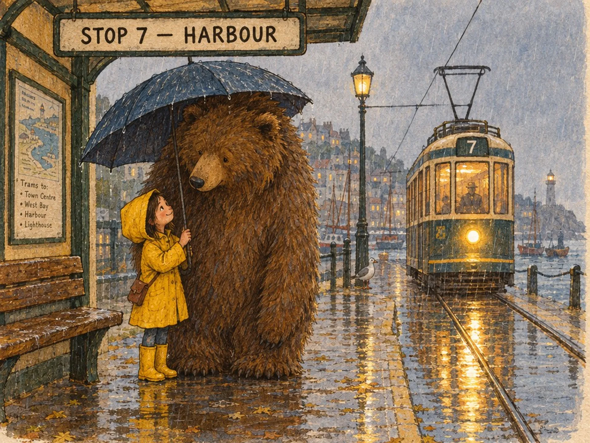 AI-generated hand-inked children's book illustration of a girl and a bear sharing an umbrella at a tram stop