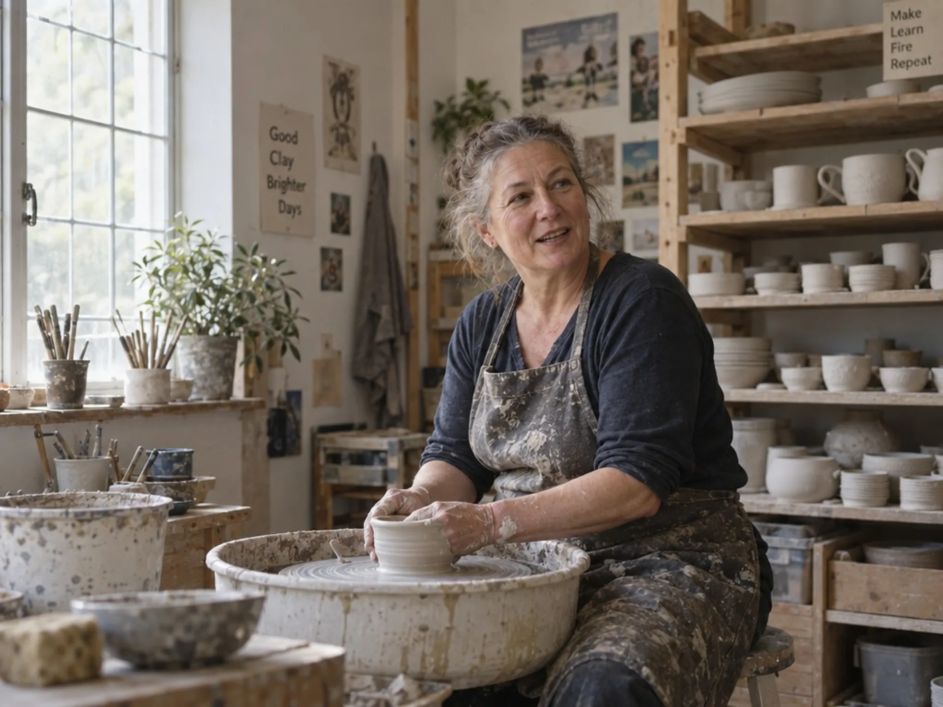AI-generated environmental portrait of a ceramicist at her wheel in a sunlit studio lined with drying pottery