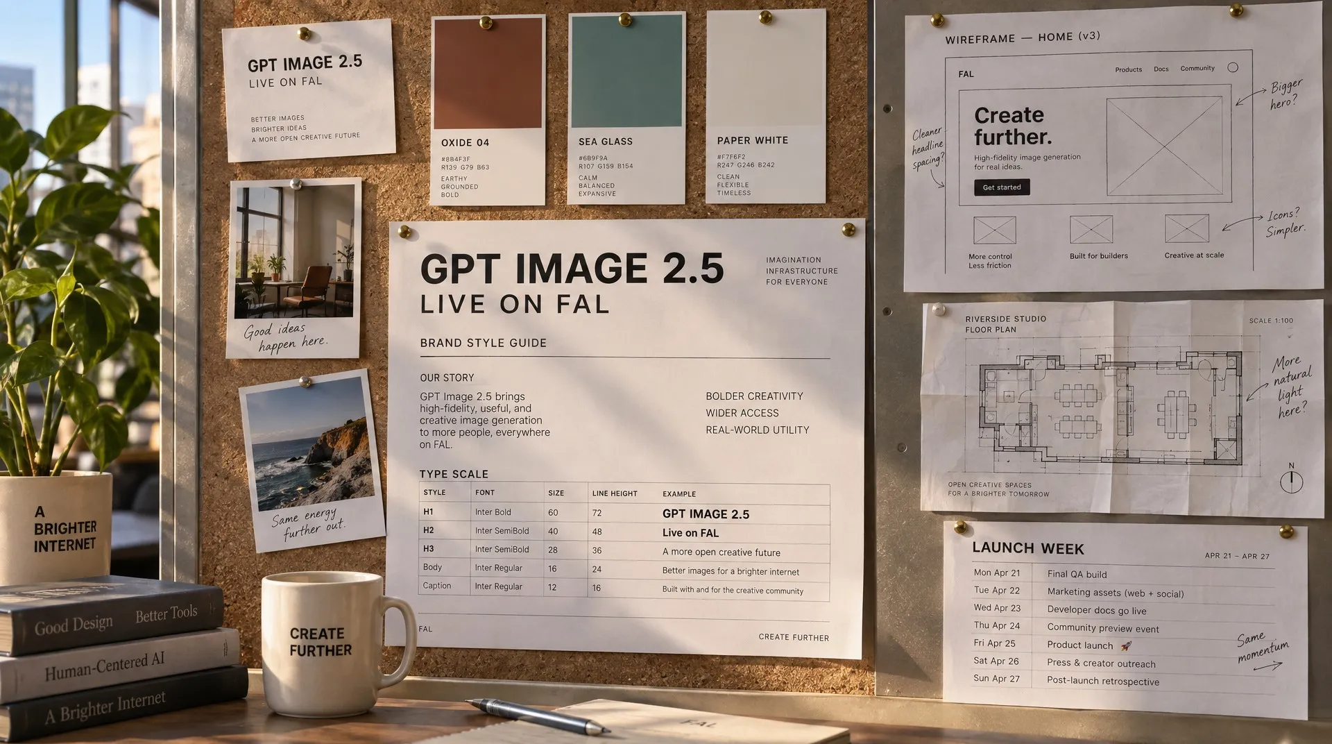 AI-generated photograph of a design studio pinboard, centred on a printed style guide headed GPT Image 2.5 Live on fal, surrounded by colour swatches, an annotated wireframe, a floor plan and a launch schedule, all legible