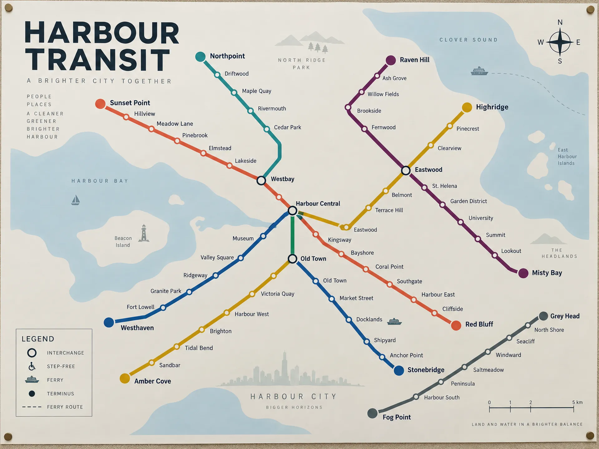 AI-generated transit map poster for a fictional city with six colour-coded lines, legible station names, a keyed legend and a scale bar