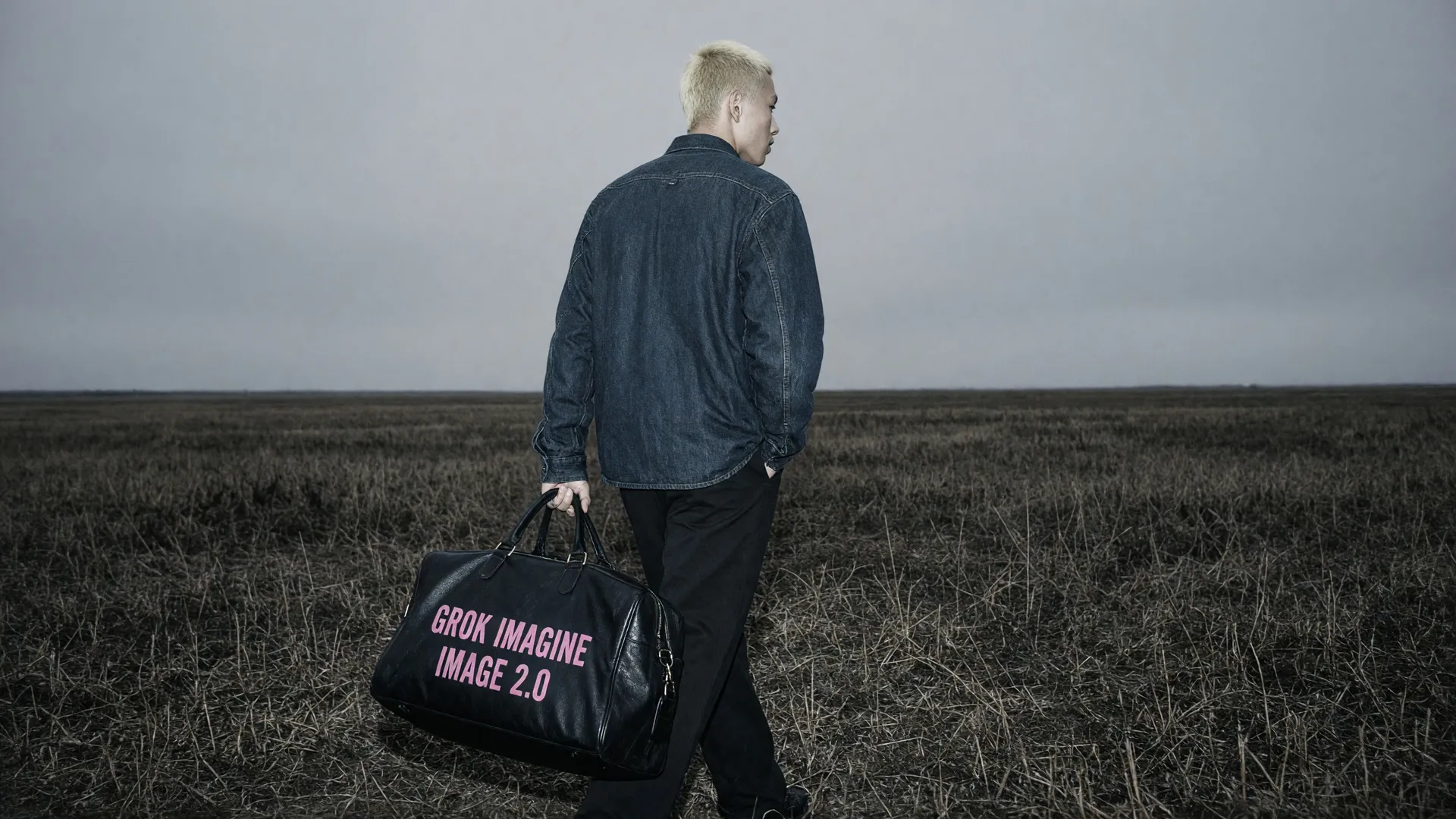 Grok Imagine Image 2.0 - AI-generated fashion campaign photograph of a model crossing a dead field carrying a black leather duffel printed GROK IMAGINE IMAGE 2.0