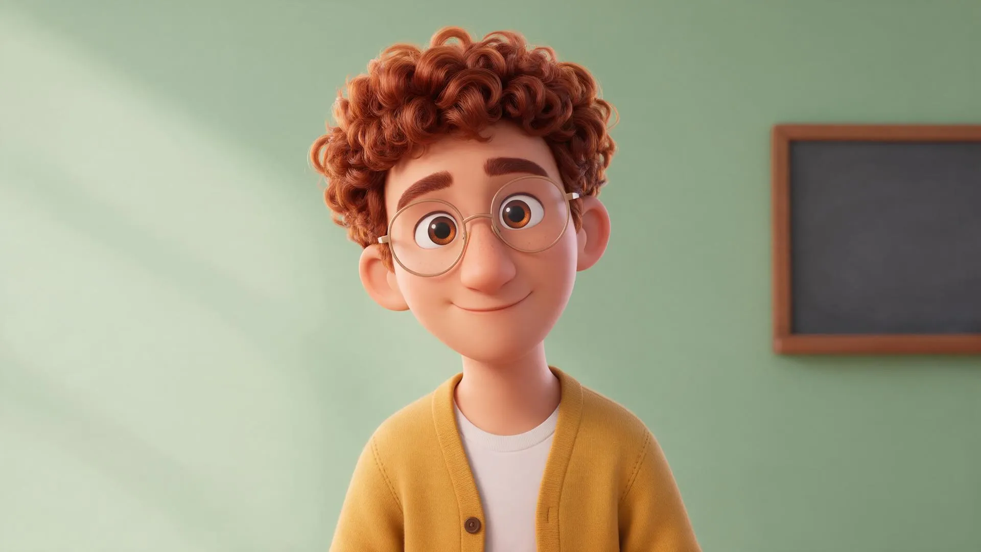 Source image: a 3D animated character with curly auburn hair, round glasses and a yellow cardigan in front of a green classroom wall