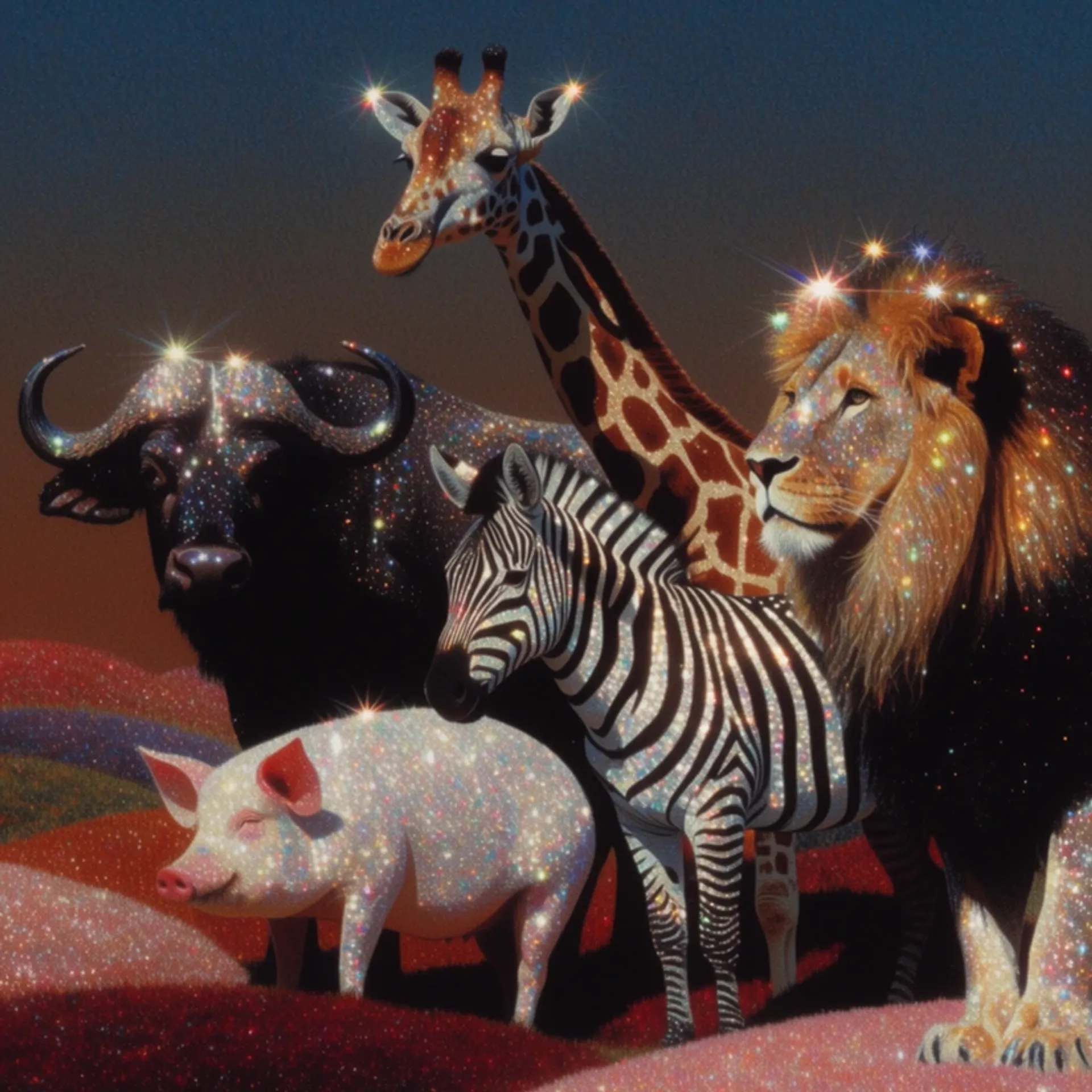 Surreal glitter-textured wildlife scene