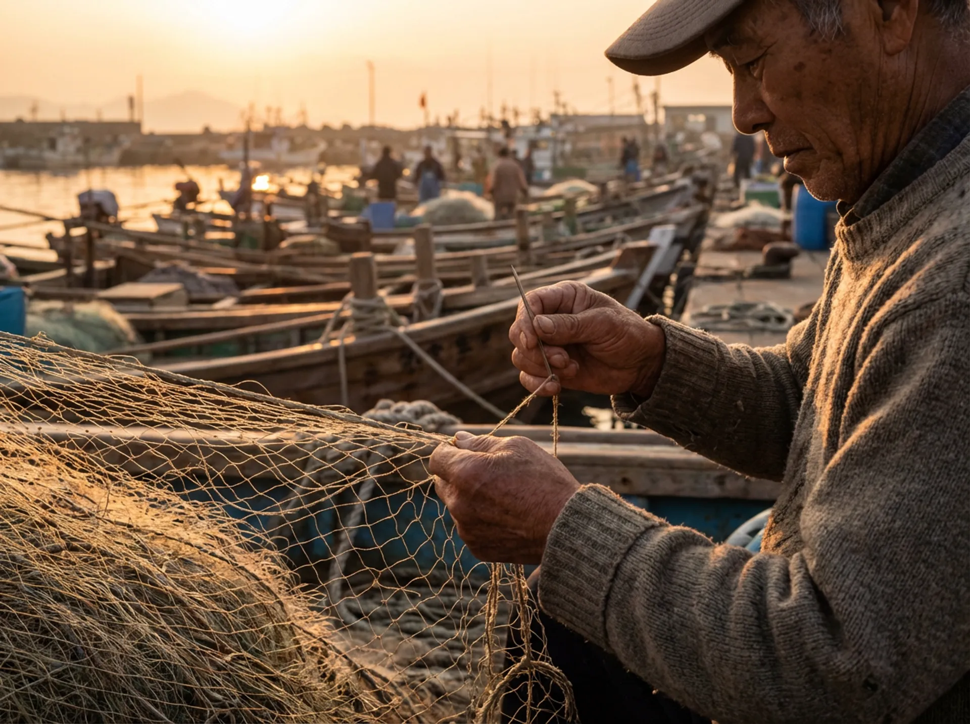 A cinematic portrait of an elderly Japanese fisherman mending nets at dawn, weathered hands in sharp focus, fishing village harbor in soft bokeh behind him, golden hour side lighting, documentary photography style, Leica 50mm Summilux wide open