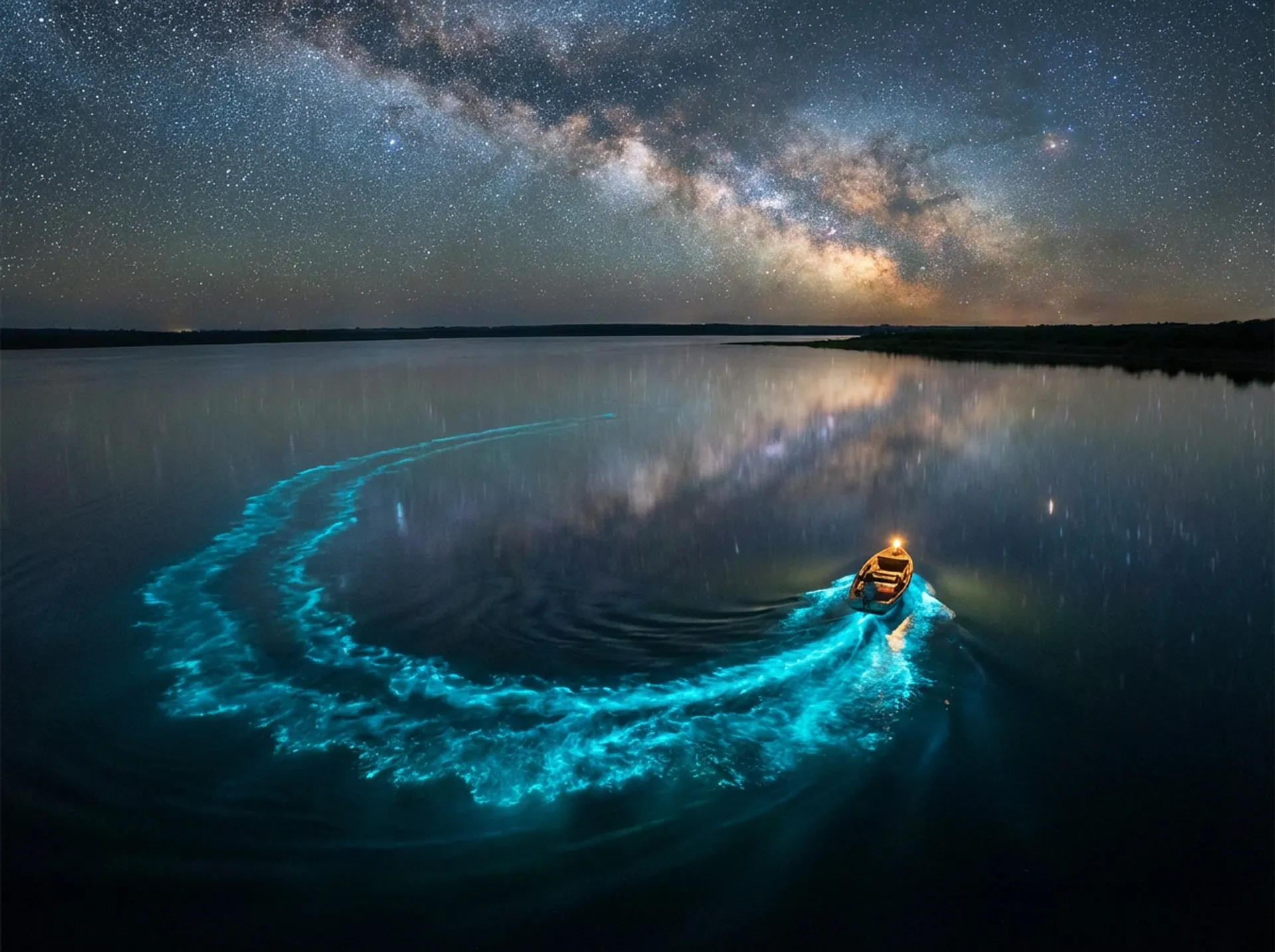 An aerial view of a bioluminescent bay at night, glowing blue-green plankton tracing the wake of a small wooden boat, stars reflected in the calm water, long exposure effect, the Milky Way arching overhead, National Geographic cover quality