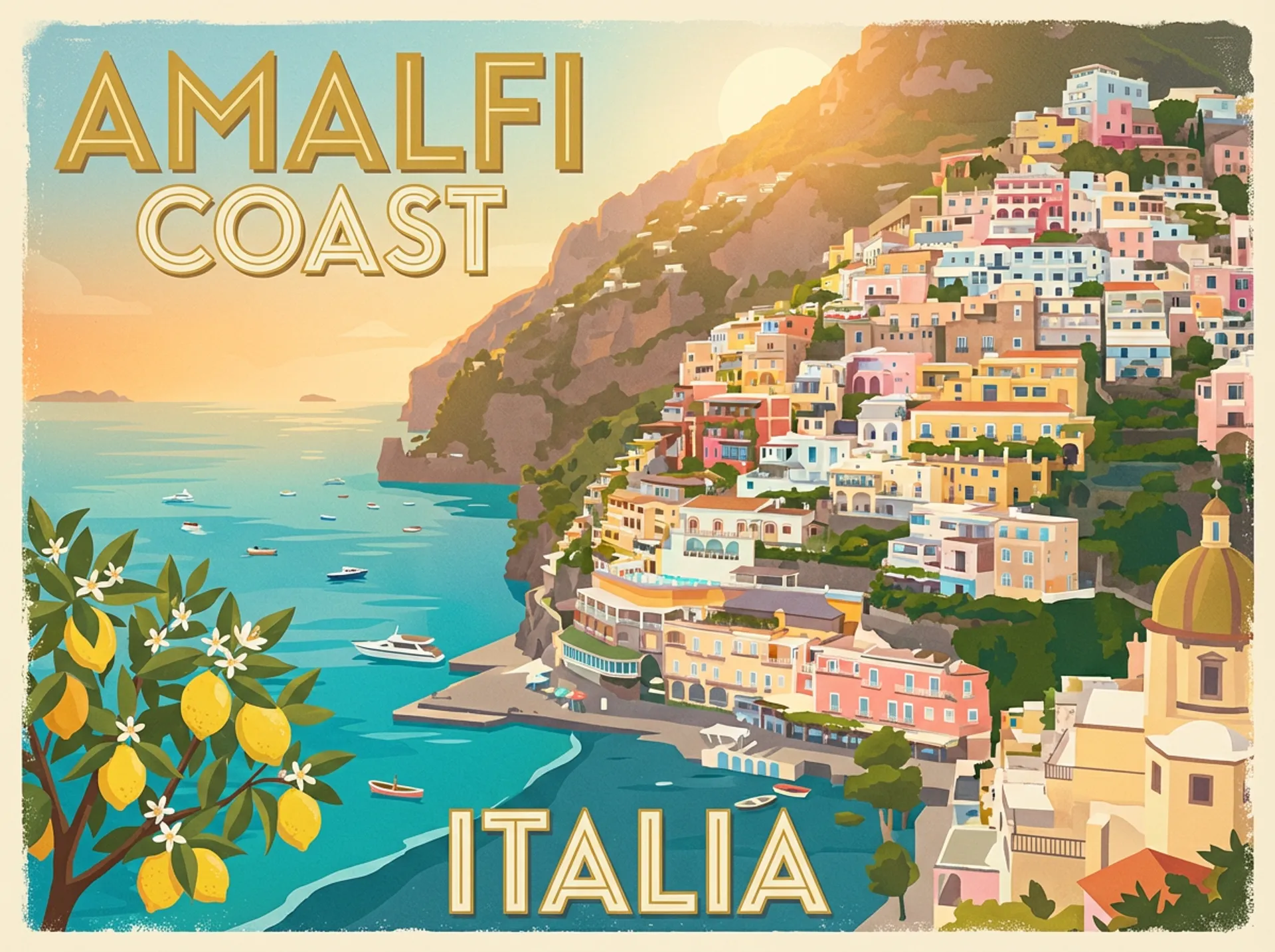 A vintage Italian travel poster for the Amalfi Coast. Pastel-colored cliffside houses cascading down to turquoise water, a lemon tree in the foreground. Bold art deco typography reading 'AMALFI COAST' at the top and 'ITALIA' at the bottom, warm golden sunlight, retro illustration style with flat color blocks and subtle grain texture
