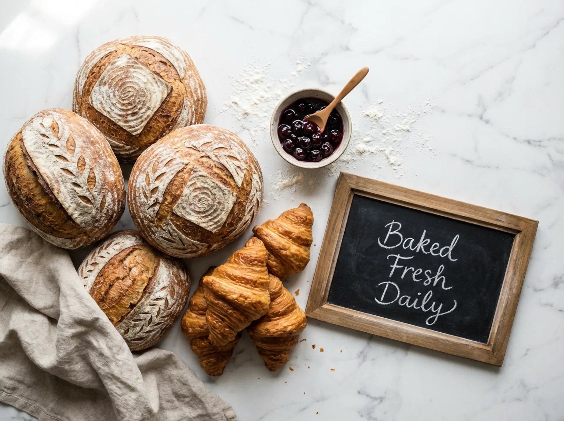 A photorealistic overhead flat lay of a artisan bakery spread on a marble counter: sourdough loaves with scored patterns, croissants with visible flaky layers, a bowl of dark cherry jam, scattered flour, a linen cloth, and a handwritten chalkboard sign reading 'Baked Fresh Daily' in cursive. Soft diffused natural light from the left, food photography style