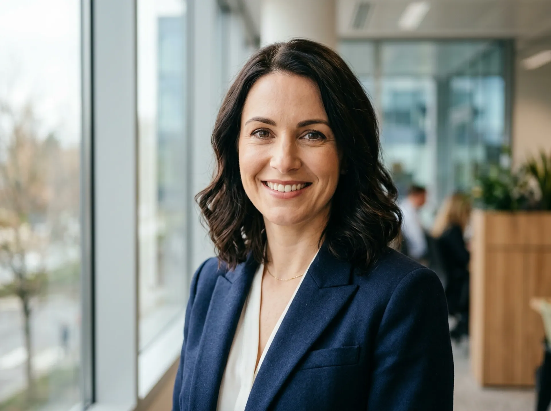 A professional headshot in a modern office with soft natural window light, wearing a navy blazer, confident smile, shallow depth of field