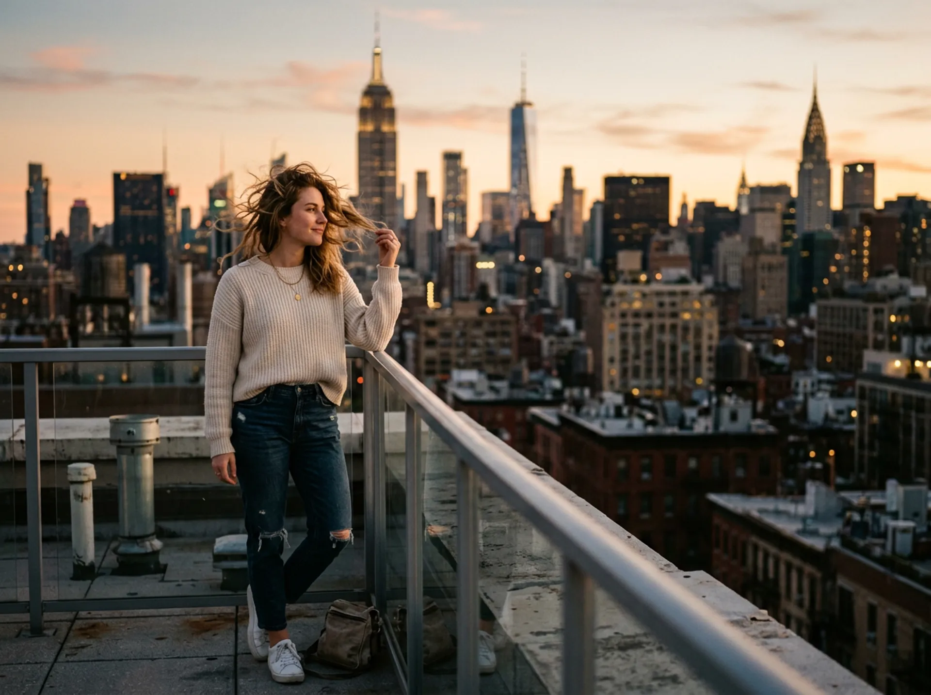 Standing on a rooftop at golden hour overlooking a city skyline, wind in hair, casual outfit, warm cinematic tones, shot on 35mm film