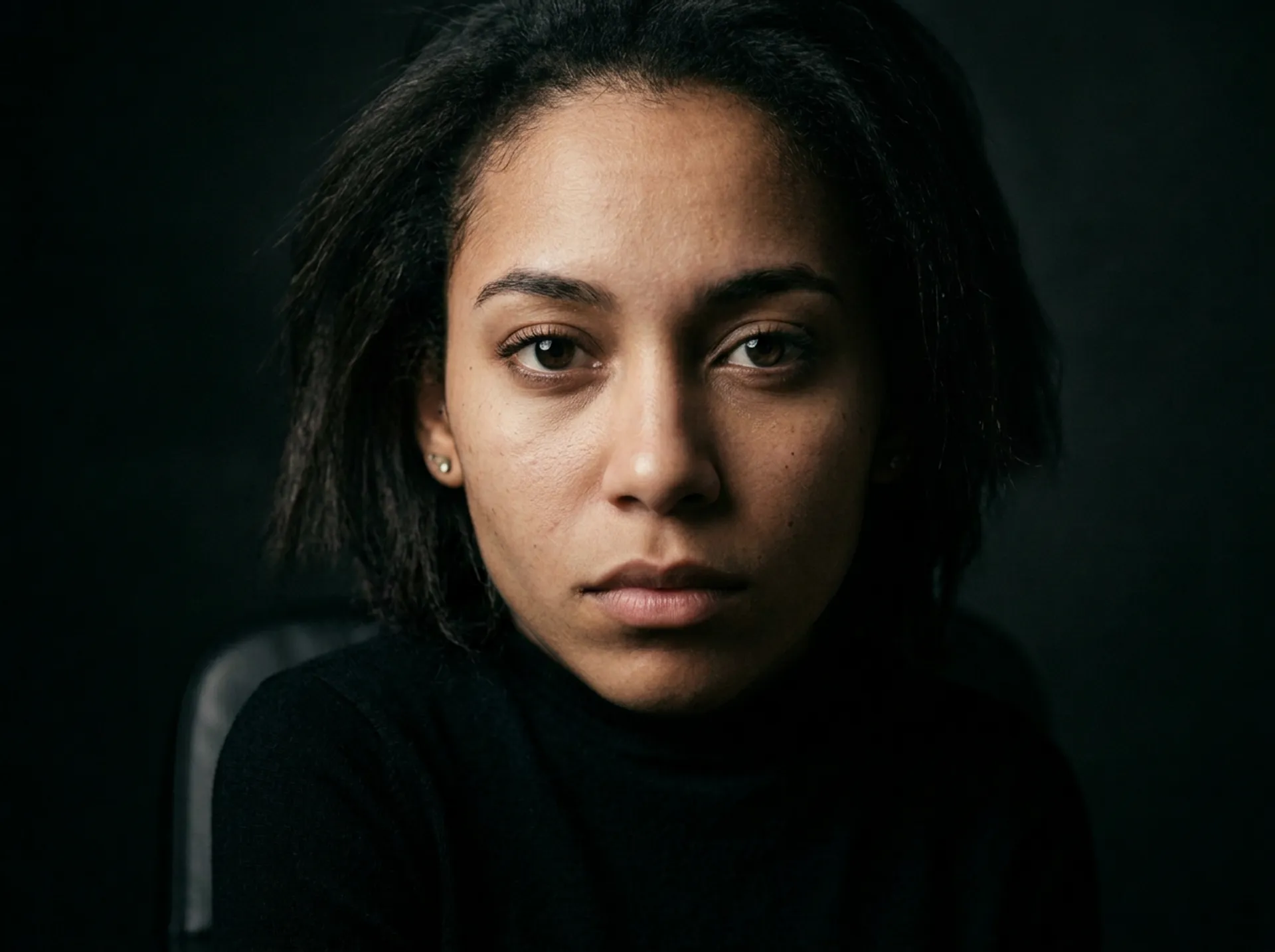A dramatic studio portrait with Rembrandt lighting, dark background, sharp focus on the face, wearing a black turtleneck, fine art photography style