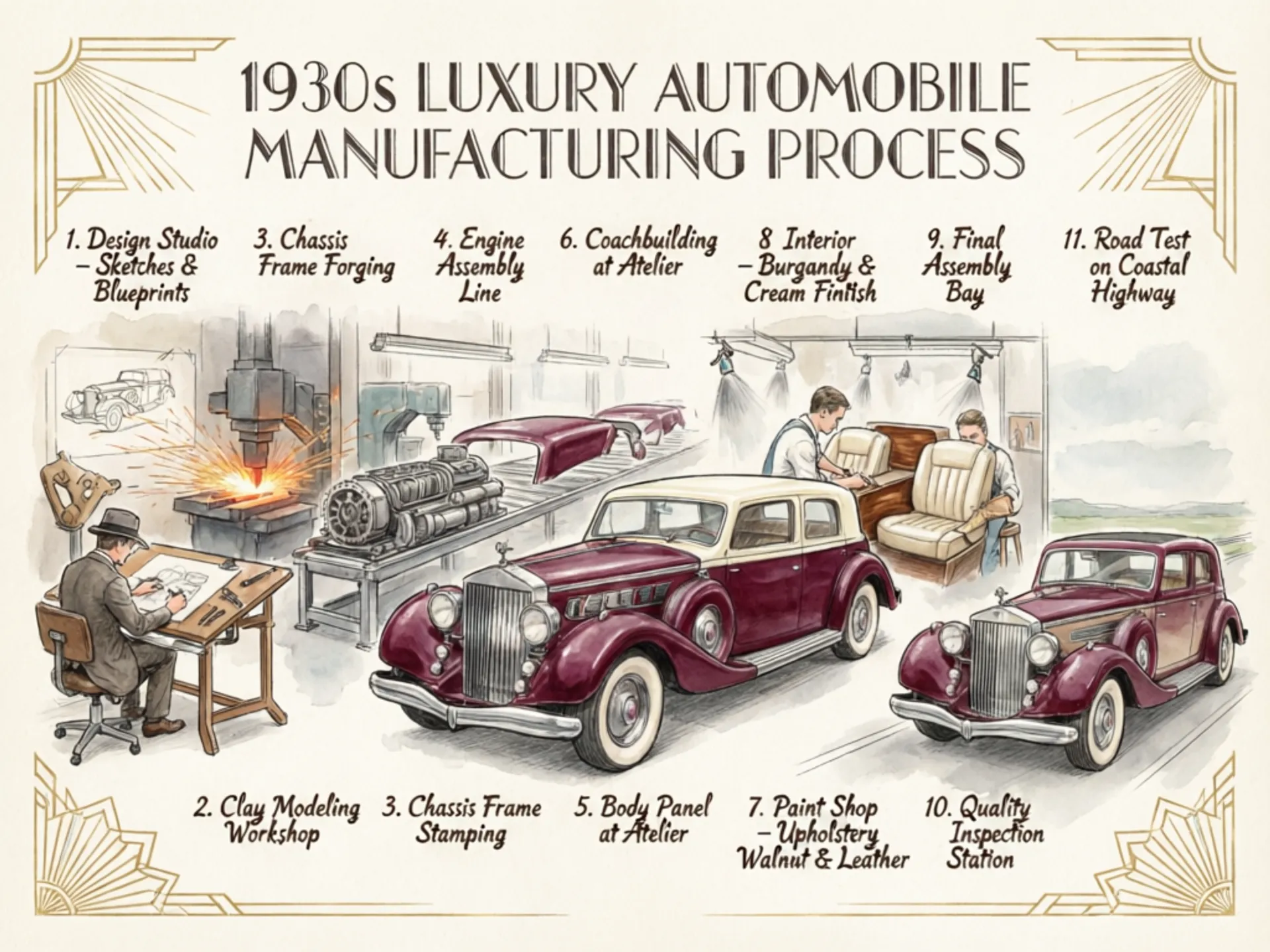 A detailed 1930s luxury automobile manufacturing infographic in hand-drawn sketch style with watercolor coloring, showing 11 stages from design studio to road test, deep burgundy car with cream accents, Art Deco flourishes throughout, landscape format