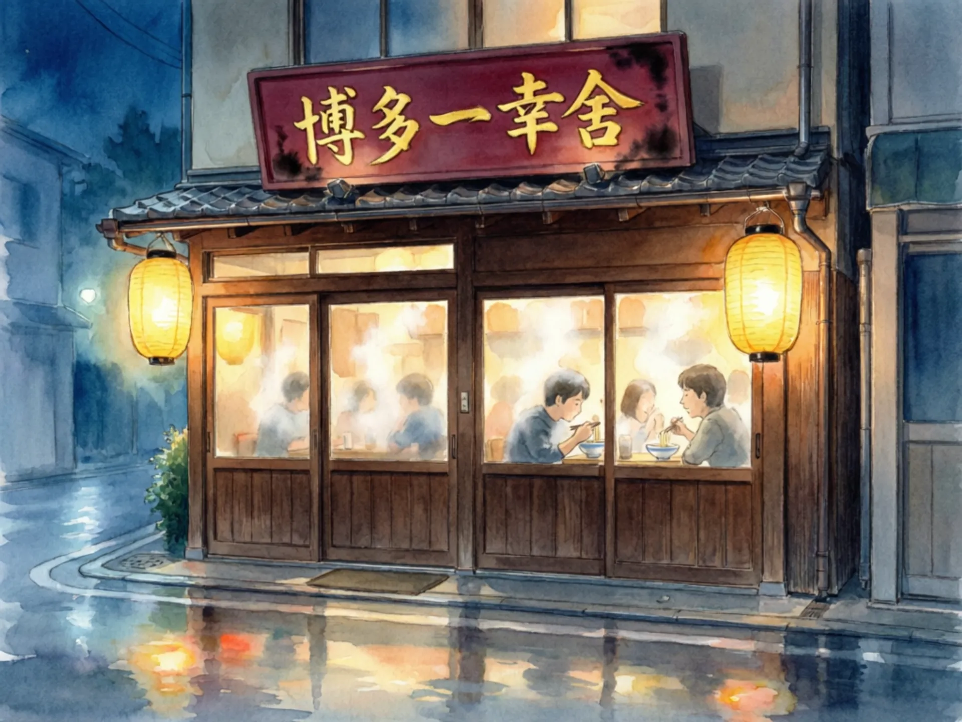 Watercolor illustration of a cozy Japanese ramen shop at night, warm lantern glow, detailed signage with Japanese characters, rain-slick street reflections, a few customers visible through the steamy window, Studio Ghibli atmosphere