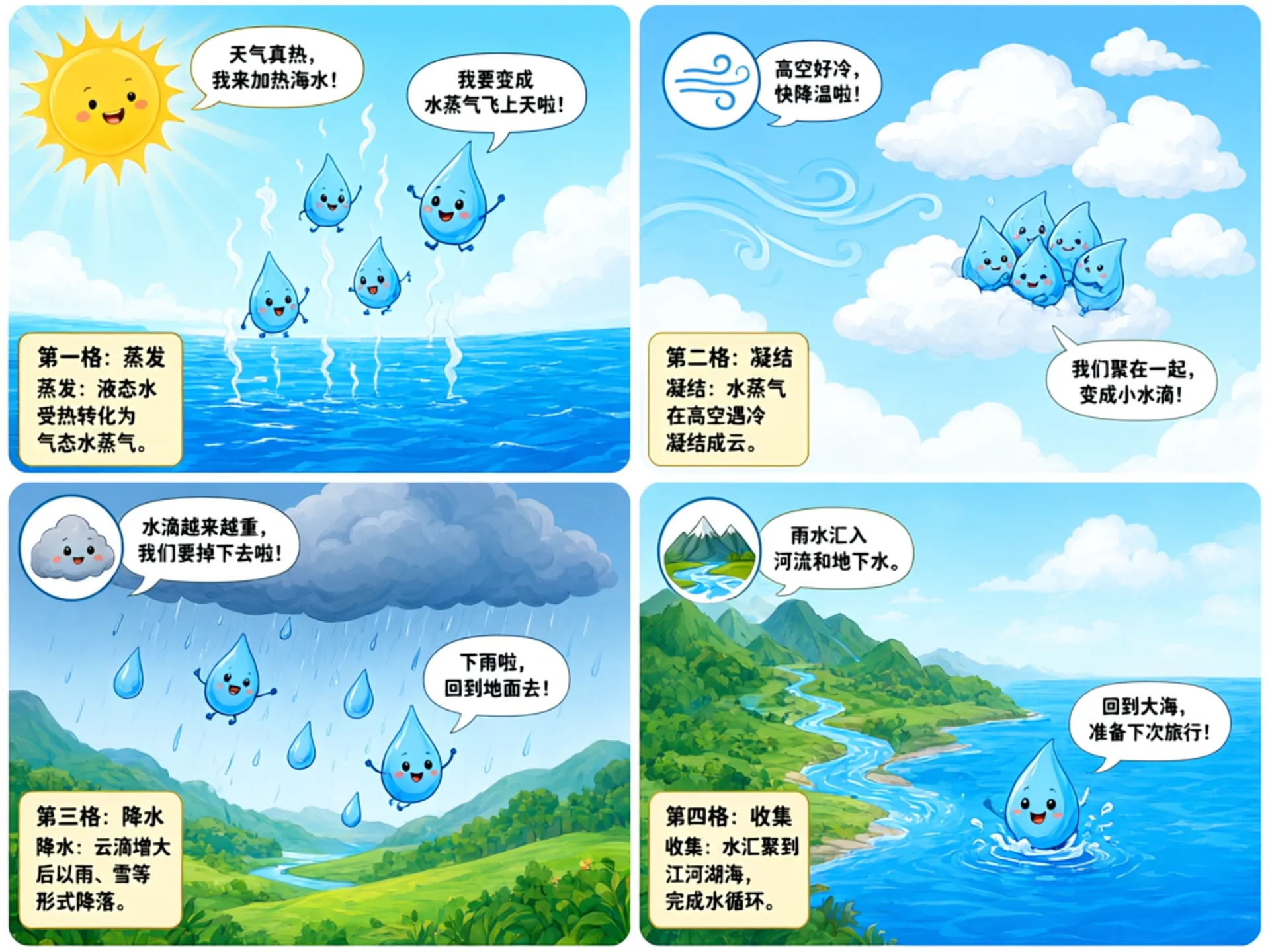 A four-panel educational comic in Chinese explaining the water cycle, cheerful animated water-drop characters with speech bubbles, legible captions for evaporation, condensation, precipitation, and collection, bright flat illustration style