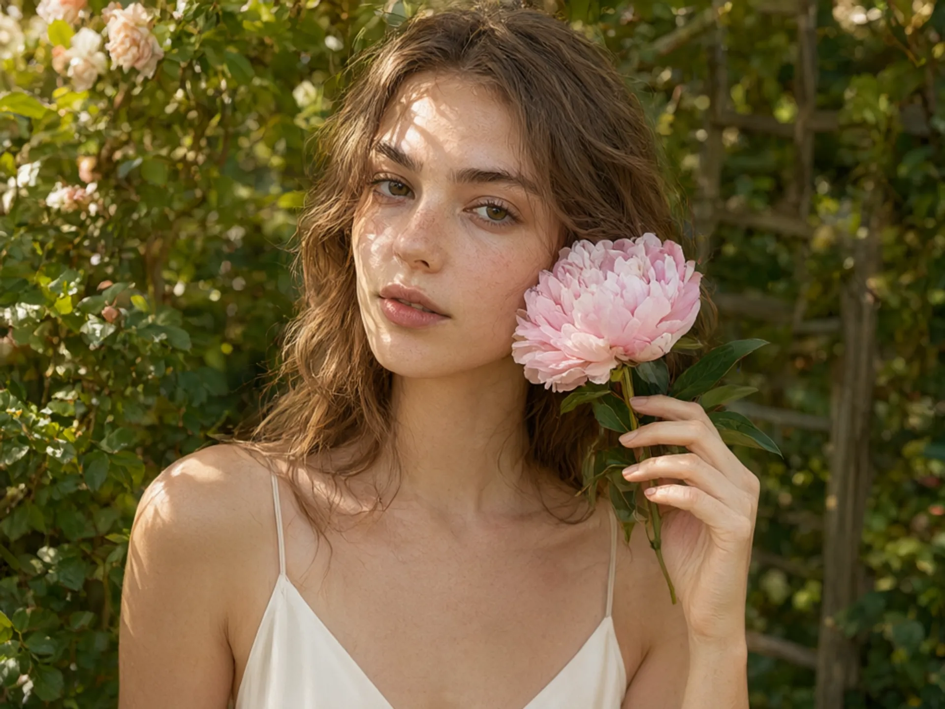 Hyperrealistic editorial portrait of a young woman in warm afternoon light, dappled floral shadows across her face, holding a flower, natural skin texture and freckles, shallow depth of field, magazine beauty photography