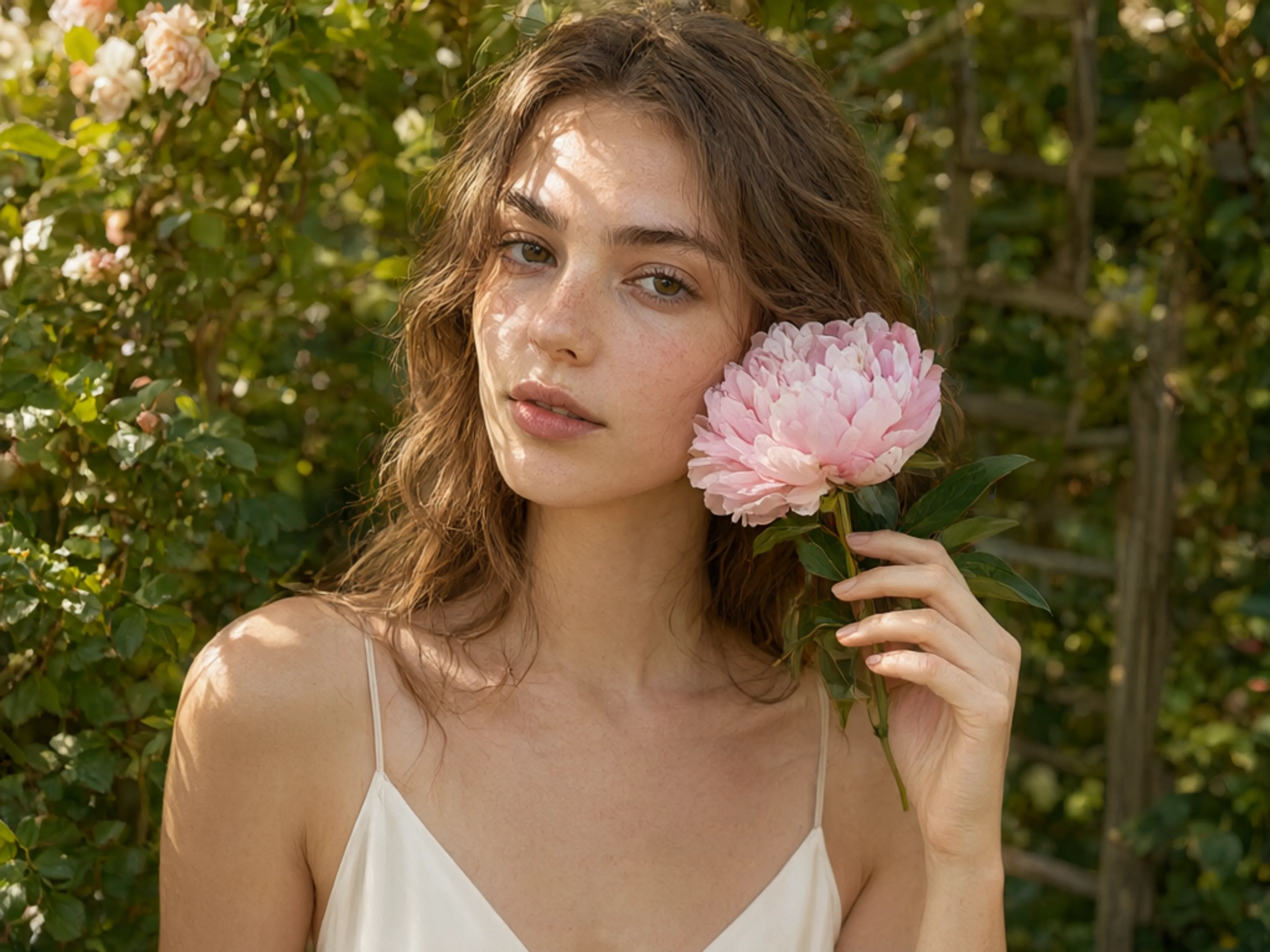 Hyperrealistic editorial portrait of a young woman in warm afternoon light, dappled floral shadows across her face, holding a flower, natural skin texture and freckles, shallow depth of field, magazine beauty photography