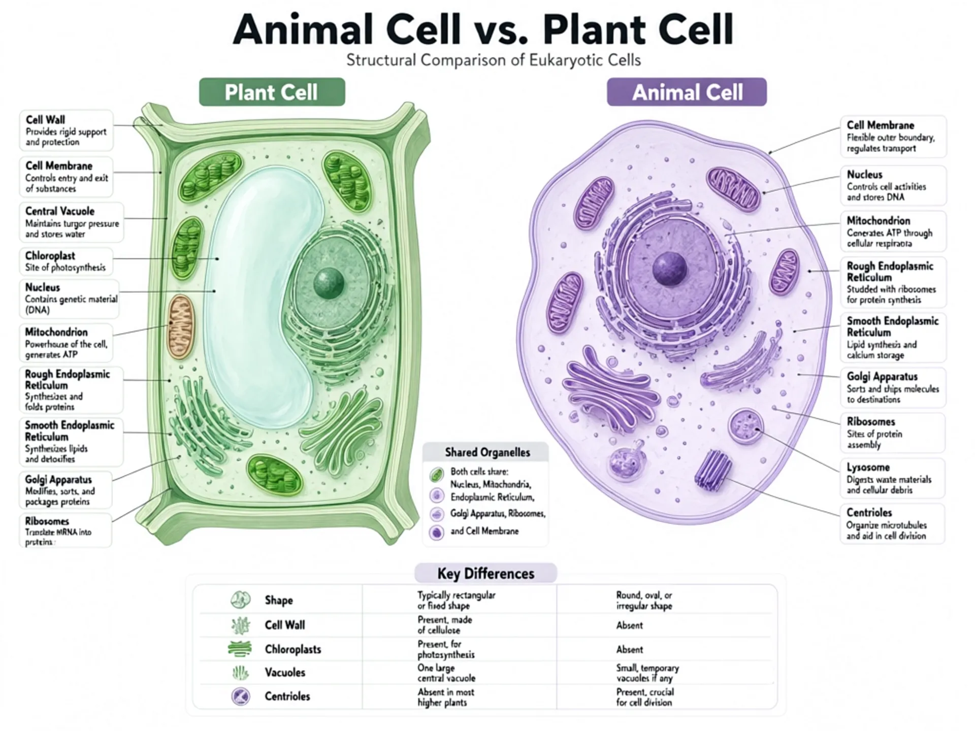 A labeled science diagram comparing a plant cell and an animal cell side by side, detailed organelle illustrations with annotation labels and a key-differences table, clean textbook layout, crisp readable English text