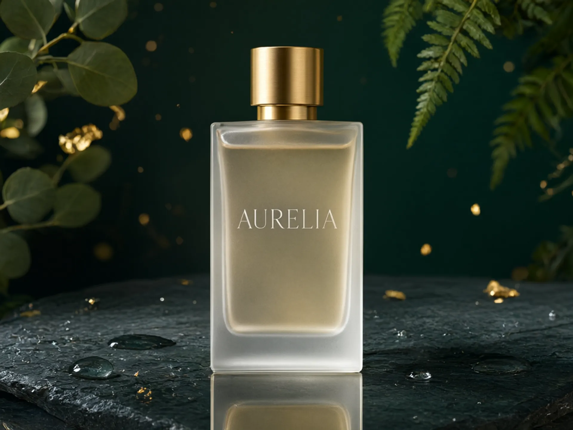 Professional product photograph of a frosted glass perfume bottle on a wet slate surface, brand name 'AURELIA' etched into the glass, soft studio lighting with a single reflection, deep green and gold accents, luxury advertising composition