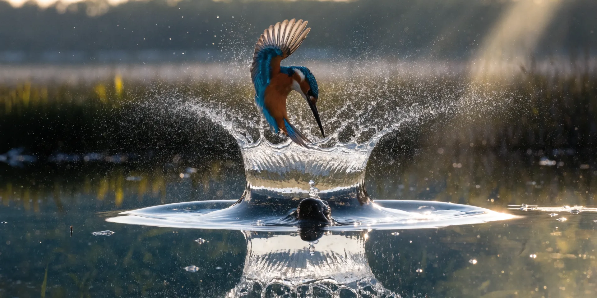 Crash zoom frozen at the moment of impact as a kingfisher breaks the surface of a pond, water crown splash forming a perfect circle, the bird's beak piercing the mirror-like surface, fish visible just below, frozen at 1/8000s, 400mm super telephoto with 2x extender, ring flash fill, pre-dawn blue light with single shaft of gold, BBC Frozen Planet production quality