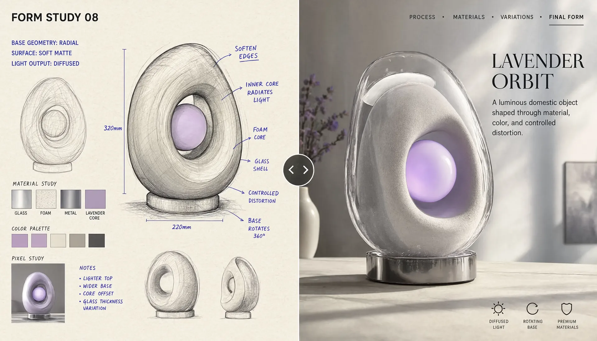 AI-generated interactive website hero with a draggable before/after slider comparing a rough design study to a polished sculptural lamp render